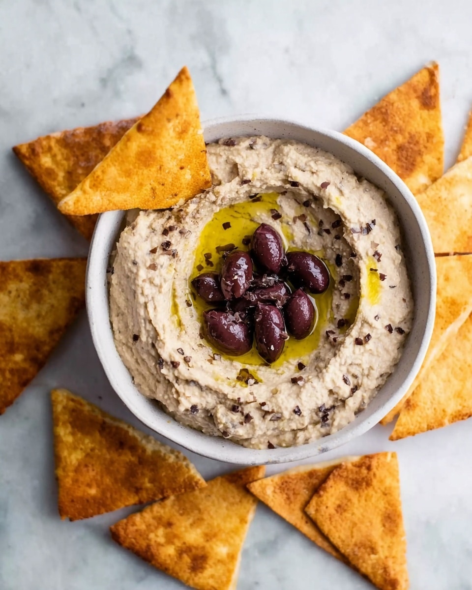 A white bowl filled with a creamy, beige-colored dip that has small dark pieces mixed inside and a small well in the center filled with golden olive oil and topped with chopped dark purple olives; triangular pita chips, golden and slightly charred, are placed around and one is dipped into the bowl, all set on a white marbled surface photo taken with an iphone --ar 4:5 --v 7