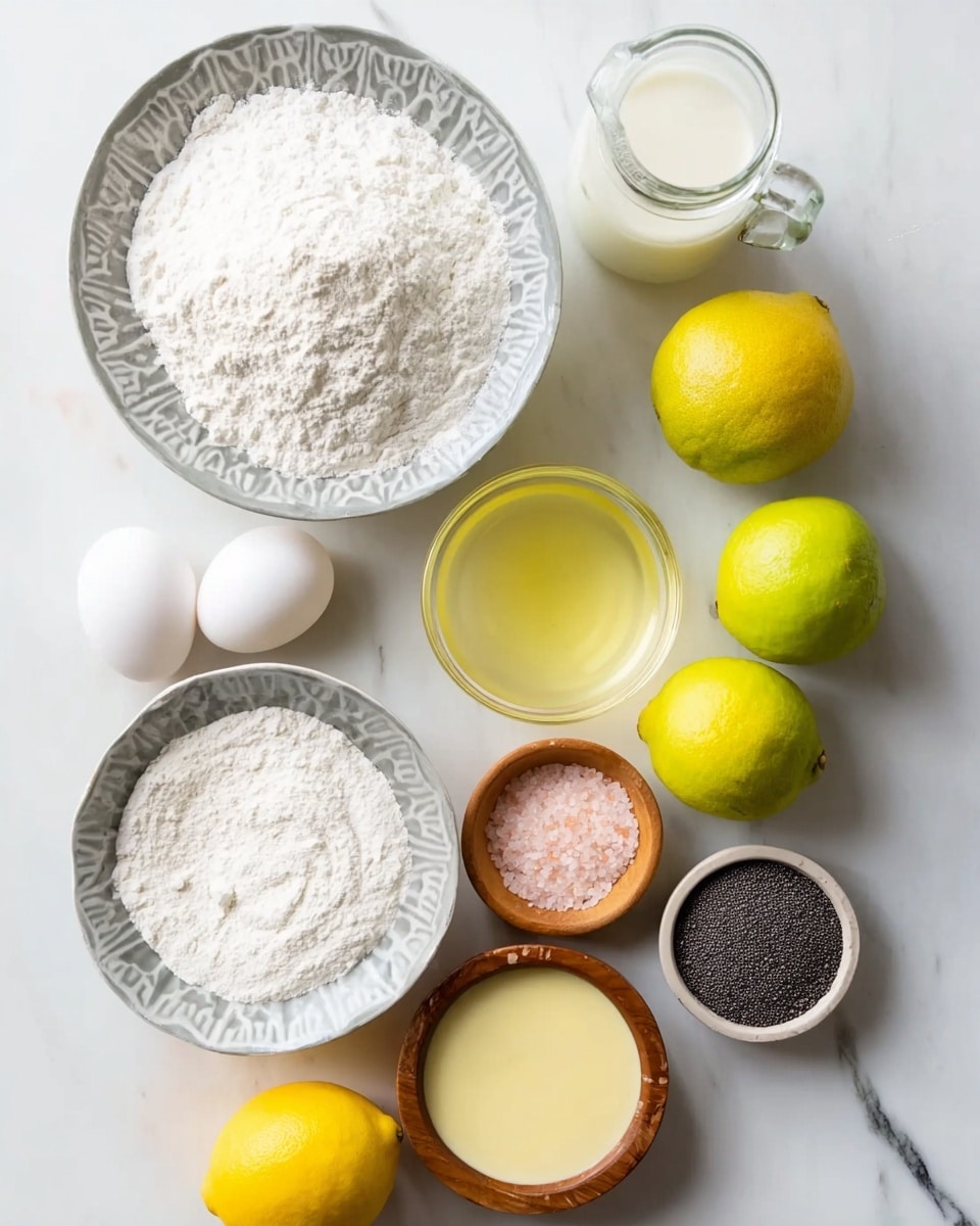The image shows several ingredients for cooking placed on a white marbled surface. There are two patterned light gray bowls, one filled with white flour and the other with white sugar. Nearby, there are three bright yellow-green round lemons sitting directly on the surface. Two white eggs are placed next to the lemons. A small clear bowl with a light yellow liquid and a bigger clear bowl with a pale yellow liquid are also present. There’s a clear glass jar filled with white milk and three small wooden bowls containing white salt, pink salt, and a white powder. Finally, a small white bowl holds many tiny black poppy seeds. The photo taken with an iphone --ar 4:5 --v 7