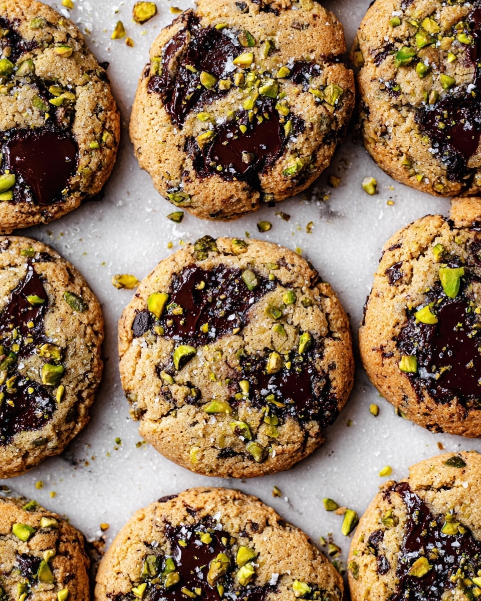 A close-up view of several round cookies laid out in a grid on a white marbled surface, each cookie having a light brown, crumbly base layer with uneven texture, dark melted chocolate patches embedded deeply in the cookie top layer, and sprinkled with small chopped green pistachio pieces and fine salt flakes scattered unevenly across the surface. The cookies show slight cracks with visible melting chocolate in the cracks, and the arrangement fills the frame evenly, creating a warm and inviting look. photo taken with an iphone --ar 4:5 --v 7