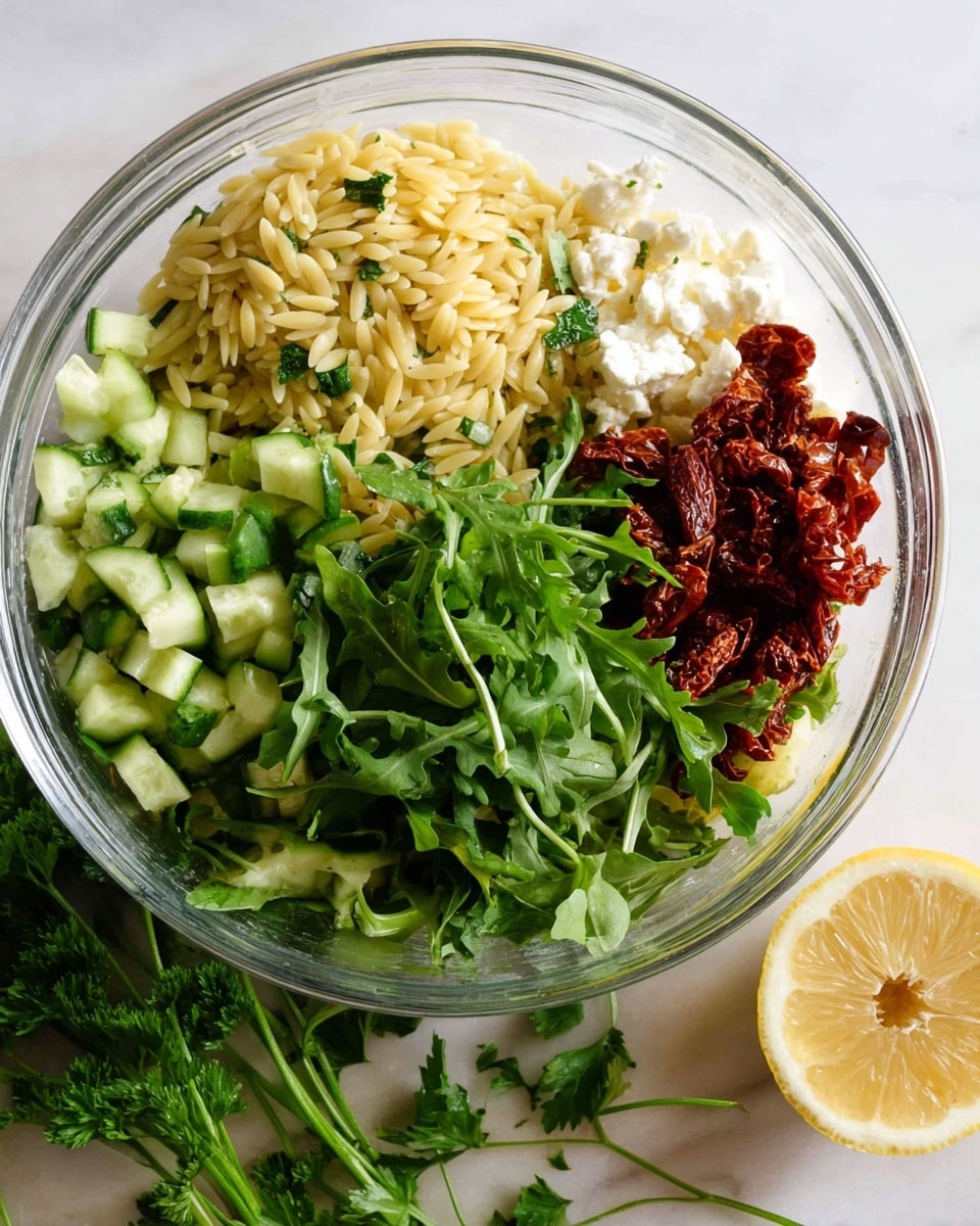 A clear glass bowl sits on a white marbled surface filled with a fresh salad made of several layers: at the bottom, small pale yellow orzo pasta grains form the base; on top of them are bright green chopped cucumbers and leafy arugula with jagged edges; to one side, there are sun-dried tomato strips in dark red, and white crumbly cheese pieces are placed beside them. A lemon half with a bright yellow rind and juicy inside is placed on the surface near the bowl, with green parsley sprigs around it. The photo is taken with an iphone --ar 4:5 --v 7
