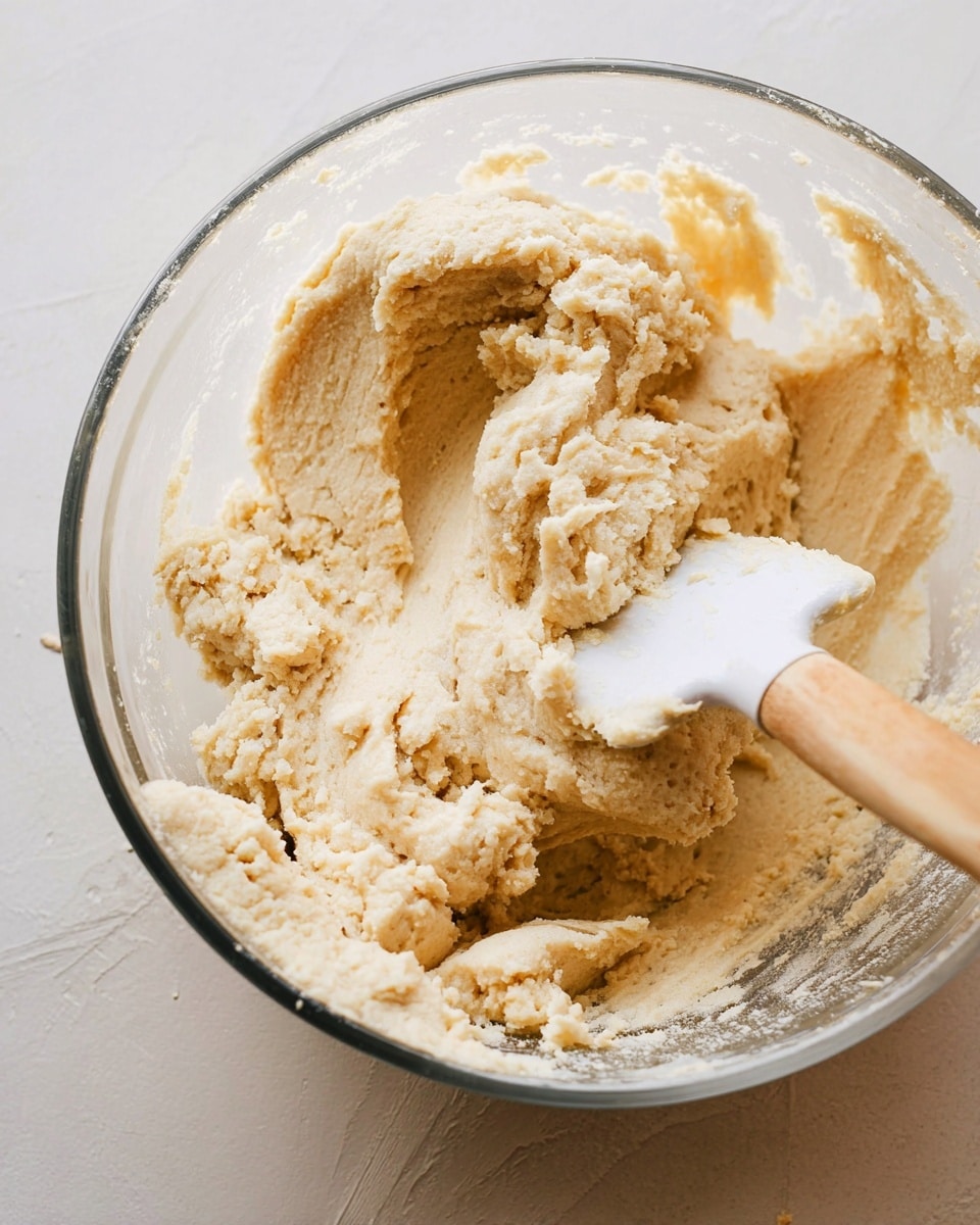 A close-up image of creamy, pale beige cookie dough in a clear glass bowl resting on a white marbled surface. The dough is soft with a slightly rough texture and appears freshly mixed. A white spatula with a wooden handle is partially buried in the dough on the right side, showing dough clinging to the spatula. The lighting is natural and bright, highlighting the smooth and fluffy texture of the dough. Photo taken with an iphone --ar 4:5 --v 7
