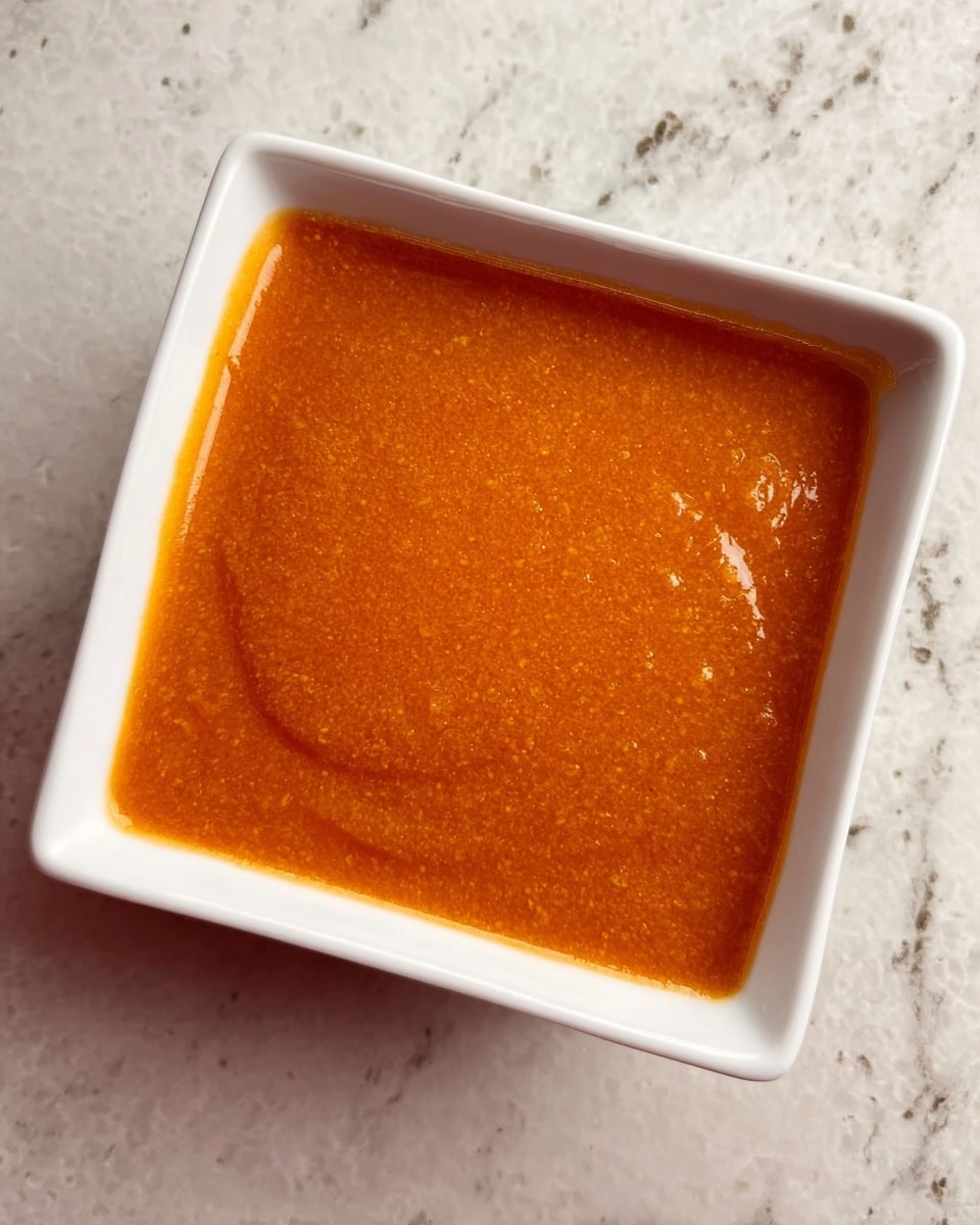 A small white square bowl filled with a thick, smooth orange sauce that has a slightly grainy texture. The sauce evenly covers the bottom and sides of the bowl, with some sauce spread a little above the rim on two sides. The bowl sits on a white marbled surface with subtle gray veins. There are no other items or decorations around. photo taken with an iphone --ar 4:5 --v 7