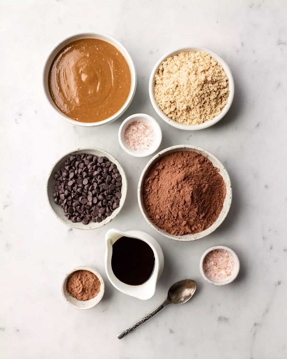 The image shows seven small white bowls arranged on a white marbled surface. At the top left, a bowl is filled with a thick light brown sauce with a smooth texture. To the right of it, another bowl contains light beige powder with a crumbly texture. Below these, in the middle left, a bowl is filled with small dark brown chocolate chips, while next to it on the right is a bowl with light brown dry powder. Below these two, a bowl with dark brown cocoa powder sits to the right, and a small white pitcher with thick dark syrup is at the bottom left. Finally, a small white spoon holding fine light pink salt is positioned to the right of the pitcher, with a small amount of dark liquid in another tiny cup nearby. photo taken with an iphone --ar 4:5 --v 7