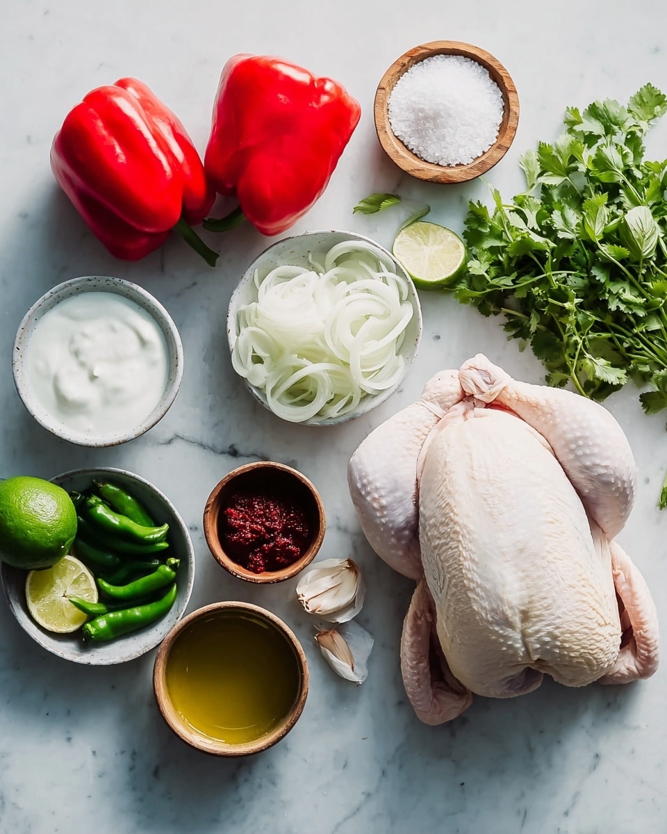 A raw whole chicken with pale skin and light pink wings lies flat on a white marbled surface in the right part of the image. Near it, a bunch of fresh green cilantro rests on the surface. To the left, two small white bowls filled with thick white yogurt are placed side by side. Above them is a light gray bowl filled with thinly sliced white onions. Two bright red bell peppers with shiny skin sit next to the bowl, one partly behind the other. Between the peppers and the chicken, two small wooden bowls hold a dark red paste and golden olive oil. There are several green chili peppers mixed with fresh basil leaves, four garlic cloves, and a green lime arranged near the top left corner of the white marbled background. A round wooden bowl with white salt is visible behind the chicken. Photo taken with an iphone --ar 4:5 --v 7