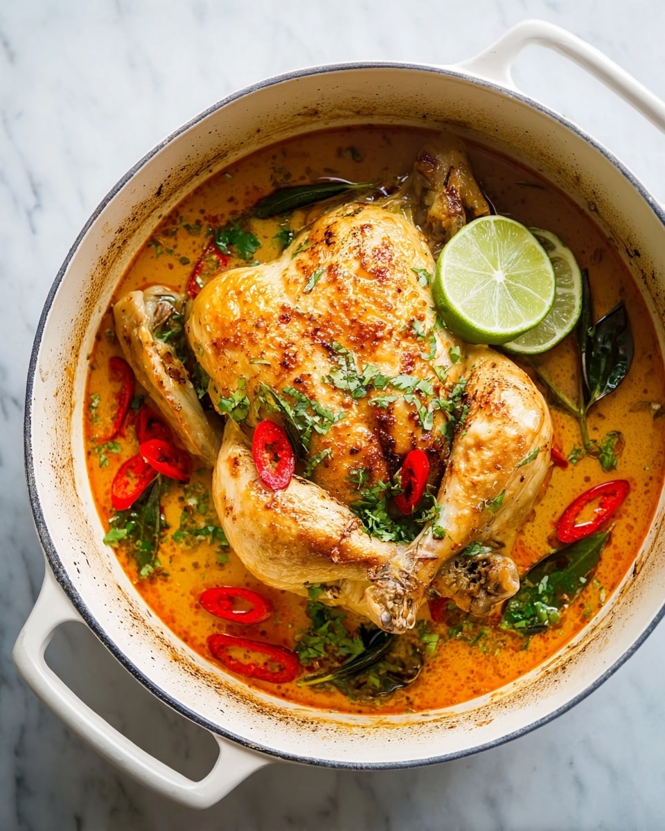 A white pot on a white marbled surface holds a whole cooked chicken with golden brown skin, resting in an orange soup base. Around the chicken, there are bright red chili slices and green leafy herbs floating in the broth. Two fresh lime wedges are placed on top near the chicken leg. The inside of the pot’s rim shows light browning from cooking. Photo taken with an iphone --ar 4:5 --v 7
