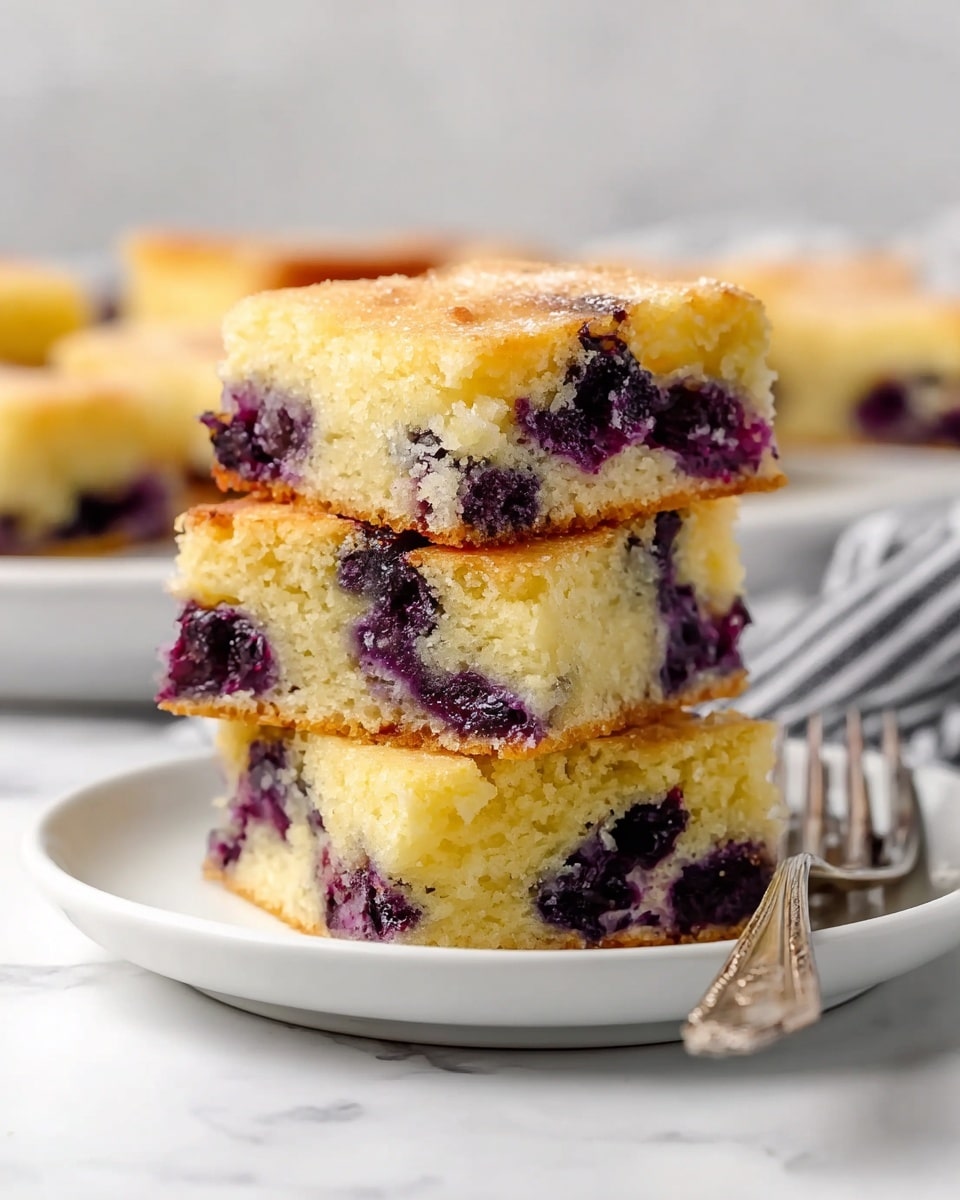 A stack of three golden-yellow cake squares with visible dark purple blueberry chunks spread throughout each layer is placed on a white plate. The cake looks soft and moist with a slightly crumbly texture on top. The top surface of the cake squares has a light brown, gently browned crust. This plate is set on a white marbled surface, and a silver fork with a detailed handle is visible beside the plate. In the blurred background, more pieces of the cake are placed on a white plate. photo taken with an iphone --ar 4:5 --v 7
