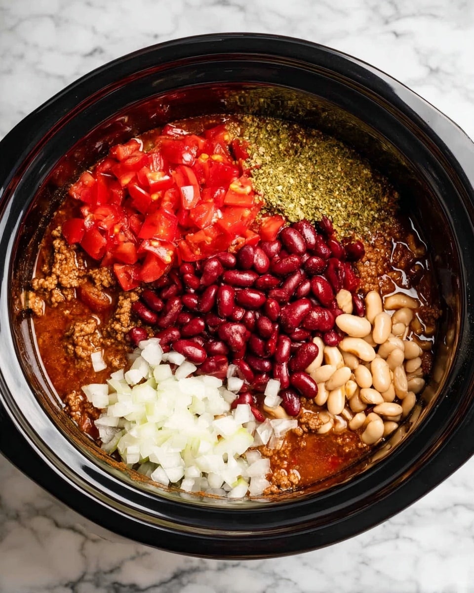 Inside a black slow cooker, there are six visible layers of ingredients. The bottom layer is a rich brown sauce mixed with minced meat, covering most of the base. On top of that, on the left side, there is a pile of red diced tomatoes with some juice. Next to this, slightly towards the top center, is a coarse green chili mix. To the right of that is a layer of chopped white onions, showing finely cut pieces. In the middle, red kidney beans sit placed on top of the meat sauce. Below the red beans and next to the meat sauce on the bottom right are lighter-colored beans scattered loosely. The slow cooker rests on a white marbled surface. photo taken with an iphone --ar 4:5 --v 7