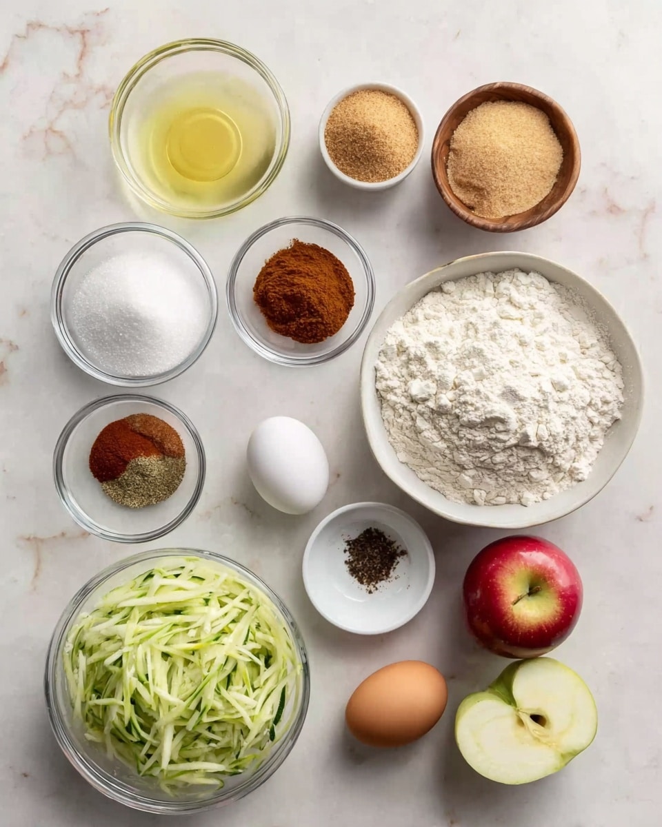 The image shows a neatly arranged top-down view of several ingredients on a white marbled surface. There are eleven separate bowls and containers, each with a different ingredient: one clear glass bowl with pale yellow oil, one white bowl filled with light brown sugar, one clear glass bowl full of white sugar, a small wooden bowl with white powder, a small white dish containing mixed spices, another small white dish with a single dark spice, a small white dish with a mix of brown and reddish brown spices, a large white bowl filled with white flour, and a clear glass bowl with shredded green zucchini. Two white eggs and a red apple, along with a sliced half green apple, are placed directly on the surface. Photo taken with an iphone --ar 4:5 --v 7