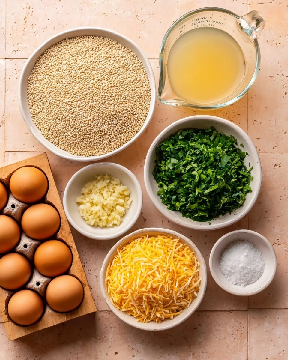 The image shows seven food ingredients arranged on a pale pink tile surface. In the center, there is a white round bowl filled with small, light beige quinoa grains with a rough texture. Below it, a white round bowl contains shredded orange-yellow cheese. To the right of the quinoa is a white round bowl packed full of fresh, chopped green herbs with a leafy texture. Next to the herbs is a clear glass measuring cup holding a light yellow liquid broth. Above the broth is a small white bowl with finely minced pale yellow garlic. To the left of the garlic is a wooden egg holder with six brown eggs. At the bottom left, there is a small white bowl with coarse white salt. Photo taken with an iphone --ar 4:5 --v 7