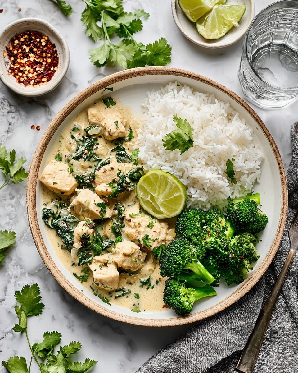 A round white ceramic plate with a beige rim holds three main layers: on the left side, there are light-colored creamy chicken pieces mixed with wilted green spinach and herbs in a smooth sauce, scattered with small bits of onion; to the right of that is a portion of white cooked rice with a few green cilantro leaves on top and a lime wedge resting on the rice; next to the rice on the right edge of the plate are bright green steamed broccoli florets with some pepper sprinkled over them. The plate is set on a white marbled surface with fresh cilantro, a small white bowl of red pepper flakes, a wedge of lime, a clear glass of water, and a gray cloth arranged around it. photo taken with an iphone --ar 4:5 --v 7