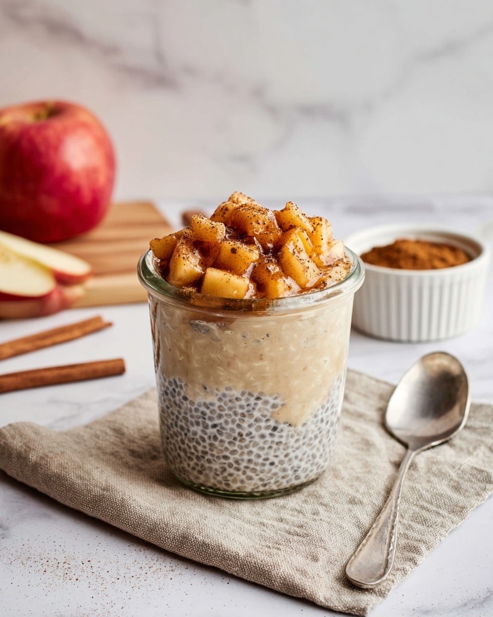 The image shows a clear glass jar filled with two layers: the bottom and middle layers are creamy beige chia pudding with visible black chia seeds, and the top layer is made of small, cooked apple pieces in light brown, slightly glossy syrup with a sprinkle of cinnamon powder. The jar sits on a beige cloth napkin on a white marbled surface. To the right of the jar lies a silver spoon. In the background, a white ramekin filled with ground cinnamon and a whole red apple are partially visible, along with a cinnamon stick and a wooden cutting board. Photo taken with an iphone --ar 4:5 --v 7