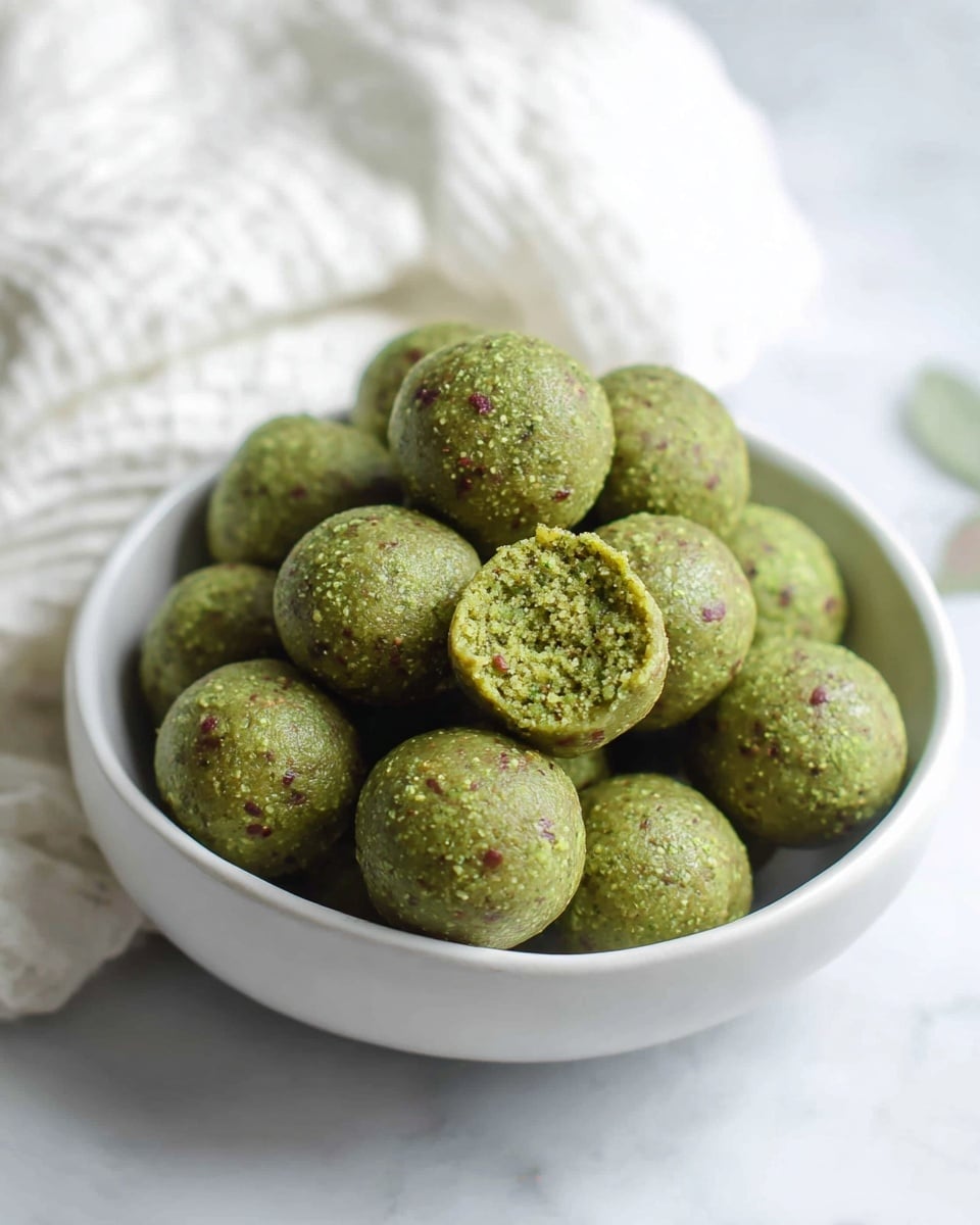 A white bowl with smooth edges is filled with about fifteen round green balls, each with a slightly rough texture and small specks of darker green and red. One ball is split open in the middle, showing a dense, crumbly interior in a lighter shade of green. The bowl sits on a white marbled surface with soft lighting, and a white textured cloth is partially visible in the background. Photo taken with an iphone --ar 4:5 --v 7