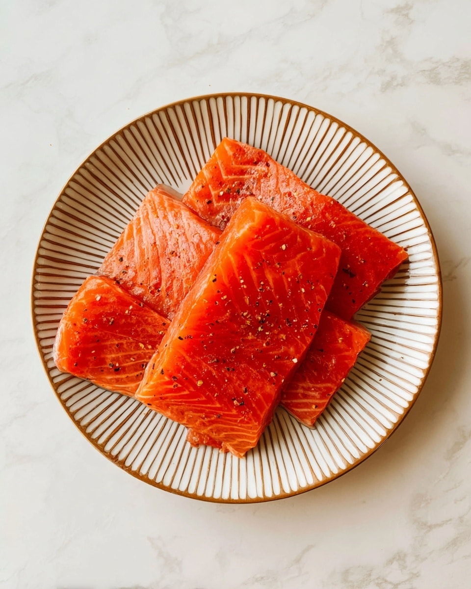 There are three pieces of raw salmon fillets with a bright orange color and a slightly shiny texture. They are layered in an overlapping way on a round white plate with brown stripes radiating from the center. The salmon is lightly seasoned with small specks of red and black spices scattered on top. The plate is placed on a white marbled surface. photo taken with an iphone --ar 4:5 --v 7