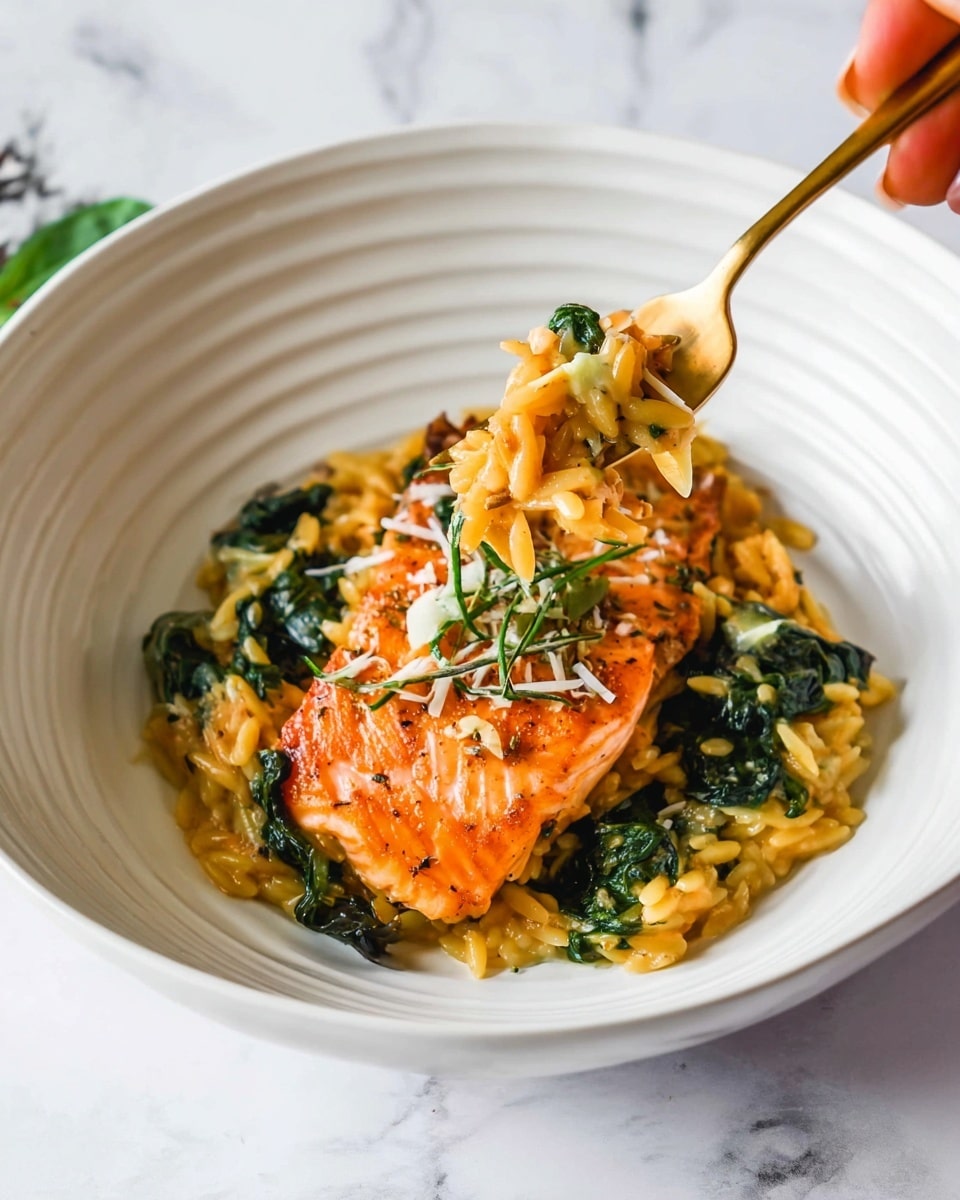 A white round bowl with ridged edges holds a dish with two main layers; the bottom layer is light brown orzo pasta mixed with cooked dark green spinach. On top, there is a piece of cooked salmon with a golden-orange color and slightly crispy skin, garnished with small green herb strips and sprinkled with white grated cheese. A woman's hand holds a fork lifting a piece of salmon with some orzo. The background is a white marbled texture. photo taken with an iphone --ar 4:5 --v 7