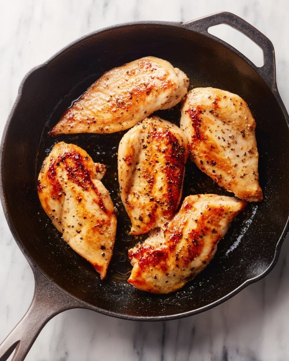 A black cast iron pan sits on a white marbled surface, filled with four pieces of cooked chicken. Each piece has a golden brown and slightly crispy outside with light grill marks and specks of black pepper, showing a well-cooked texture. The chicken pieces are arranged to fill the pan evenly, and the pan handle extends toward the bottom left of the image. The overall look is warm and inviting with a rustic feel. Photo taken with an iphone --ar 4:5 --v 7