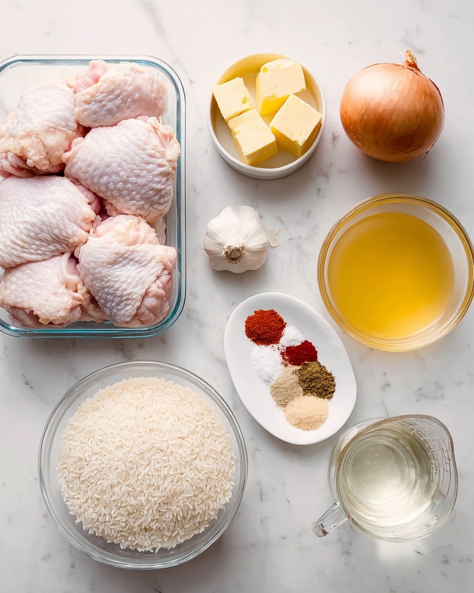 The image shows ingredients neatly arranged on a white marbled surface. On the left, there is a plastic container filled with raw chicken thighs with pale pink skin and a slightly bumpy texture. Next to it, from top left to bottom, is a small white bowl with five yellow butter cubes, two garlic cloves with a natural pinkish tone, a whole brown onion with smooth skin, and a white plate holding five piles of spices including red, light brown, dark brown, beige, and white powders. Below these, there is a clear glass bowl full of uncooked white rice with a grainy texture, and two glass measuring cups, one filled with a light yellow liquid broth and the other with clear water. Photo taken with an iphone --ar 4:5 --v 7