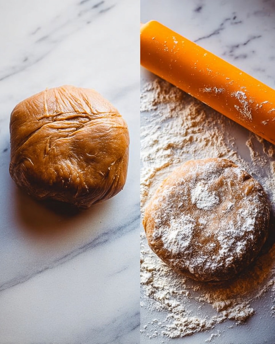 The image shows two stages of dough preparation on a white marbled surface. On the left, there is a smooth, round, shiny brown dough ball with visible wrinkles on its surface. On the right, the dough is flattened into a thick, round shape with a dusting of white flour on top and around it. A bright orange rolling pin with traces of flour is placed above the flattened dough. The lighting is soft and natural, highlighting the textures of the dough and flour. photo taken with an iphone --ar 4:5 --v 7