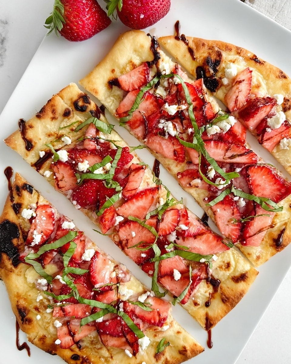 The image shows a flat pizza with a golden brown crust that has slight char marks. It is sliced into five long pieces. The base layer is a light golden melted cheese, topped with a layer of thinly sliced bright red strawberries. Scattered over the strawberries are small white crumbs of cheese. Thin strips of fresh green basil are spread evenly across the top. There are also thin drizzles of a dark brown balsamic glaze adding contrast on the surface. The pizza sits on a white plate placed on a white marbled textured surface, with a whole strawberry visible at the top left corner. photo taken with an iphone --ar 4:5 --v 7