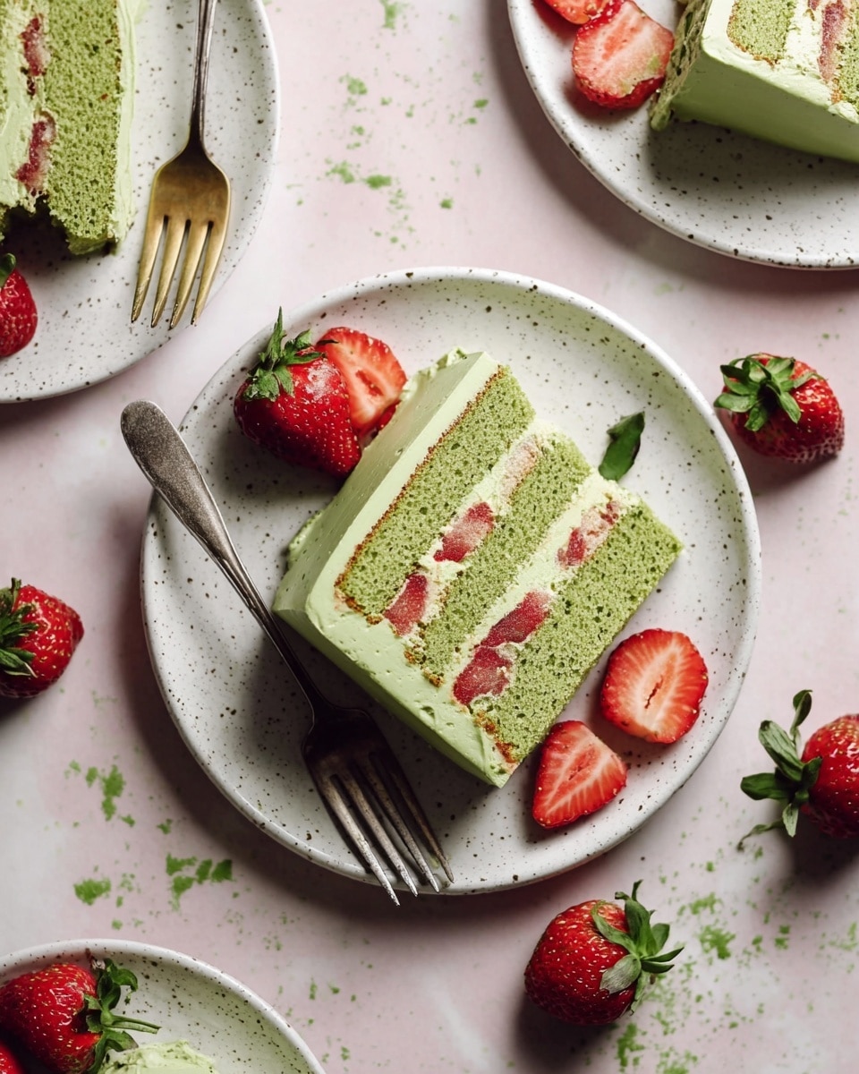 A slice of green cake with three layers sits on a white speckled plate. Each cake layer is soft and green, separated by two layers of green cream and fresh red strawberry pieces. The cake is covered with smooth green frosting on the outside. A silver fork rests on the plate next to the cake slice. Around the plate, there are whole and half red strawberries with green leaves, placed on a white marbled surface with faint green spots. Two other white speckled plates with similar cake slices are partially visible on the sides. Photo taken with an iphone --ar 4:5 --v 7