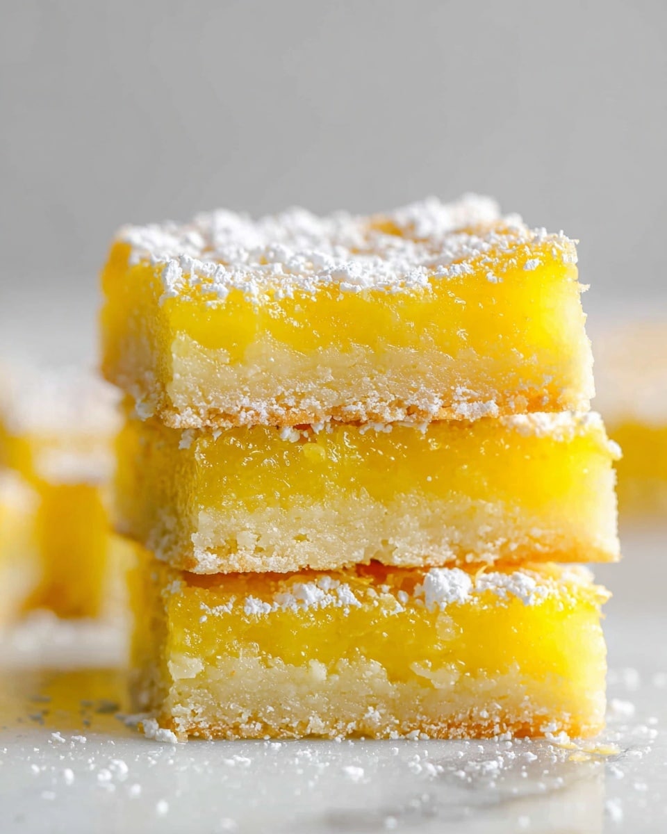 This image shows a close-up of a stack of three lemon bars on a white marbled surface. Each bar has two layers: the bottom layer is a pale yellow, crumbly and soft crust with a sand-like texture, while the top layer is a bright, glossy yellow lemon filling that looks smooth and slightly thick. The lemon bars are dusted with fine white powdered sugar, some of which has fallen onto the surface around them. The background is blurred and light gray, making the lemon bars the clear focus of the image. photo taken with an iphone --ar 4:5 --v 7