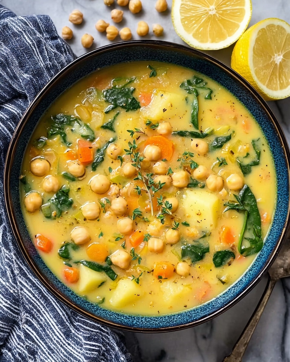 A large bowl with a dark blue rim filled with thick yellow soup that has many chickpeas, small orange carrot pieces, chunks of white potato, and bright green spinach leaves mixed in. Small green herb sprigs are scattered on top as garnish. The bowl sits on a white marbled surface with loose chickpeas around it. Behind the bowl, there are two lemon halves showing their yellow inside. A woman’s hand part of a striped blue and white cloth is seen on the left side of the bowl. Photo taken with an iphone --ar 4:5 --v 7