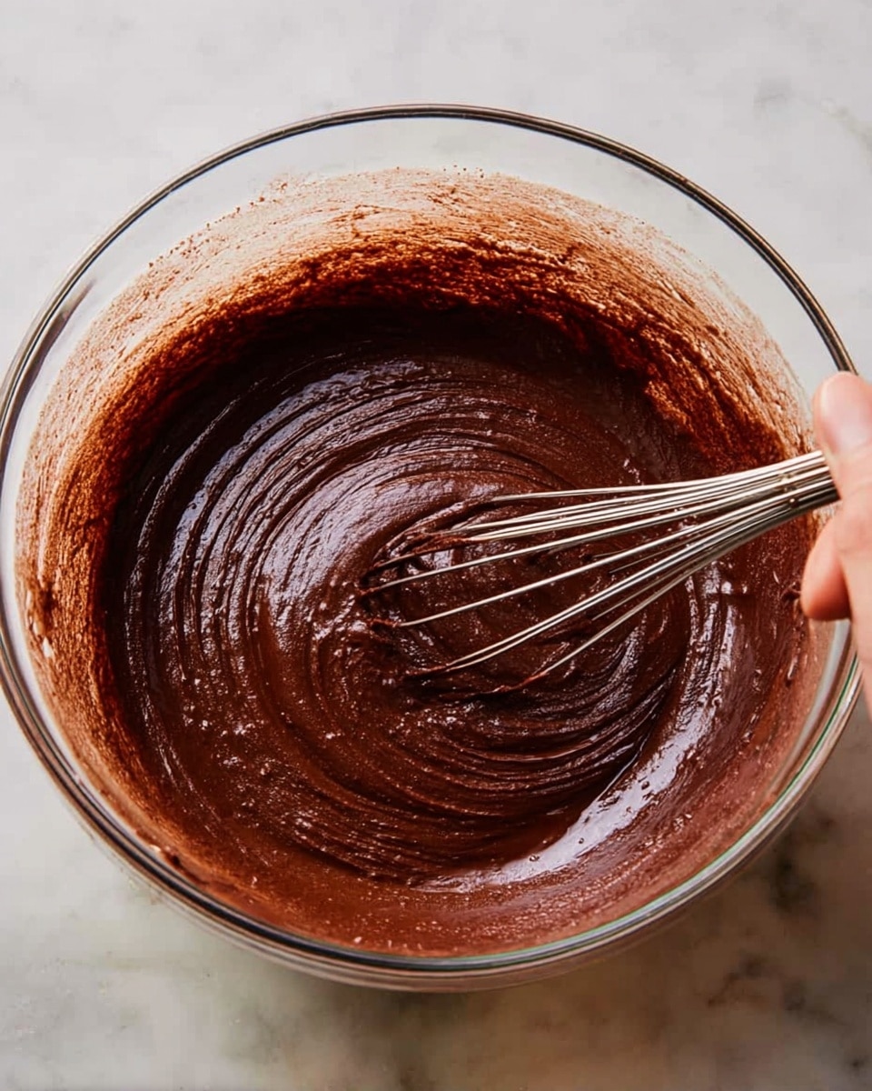 A clear glass bowl filled with thick, dark brown chocolate batter with a smooth, shiny texture. The batter has swirls where a metal whisk is gently stirring it, showing its rich, creamy consistency. The bowl sits on a white marbled surface, and the edges of the bowl have a light coating of the batter. The metal whisk handle extends towards the bowl's right side, and a woman's hand is holding it softly. photo taken with an iphone --ar 4:5 --v 7