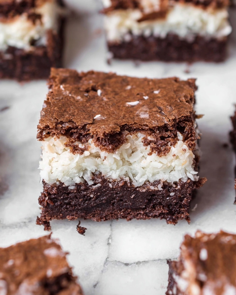 The image shows a close-up of a square brownie with three distinct layers. The top layer is dark brown with a cracked, slightly dry texture. The middle layer is white and creamy with visible shredded coconut pieces, giving it a rough and uneven look. The bottom layer is another dark brown brownie base with a moist and dense texture. The brownie piece is placed on a white marbled surface, surrounded by other similar brownies. Photo taken with an iphone --ar 4:5 --v 7