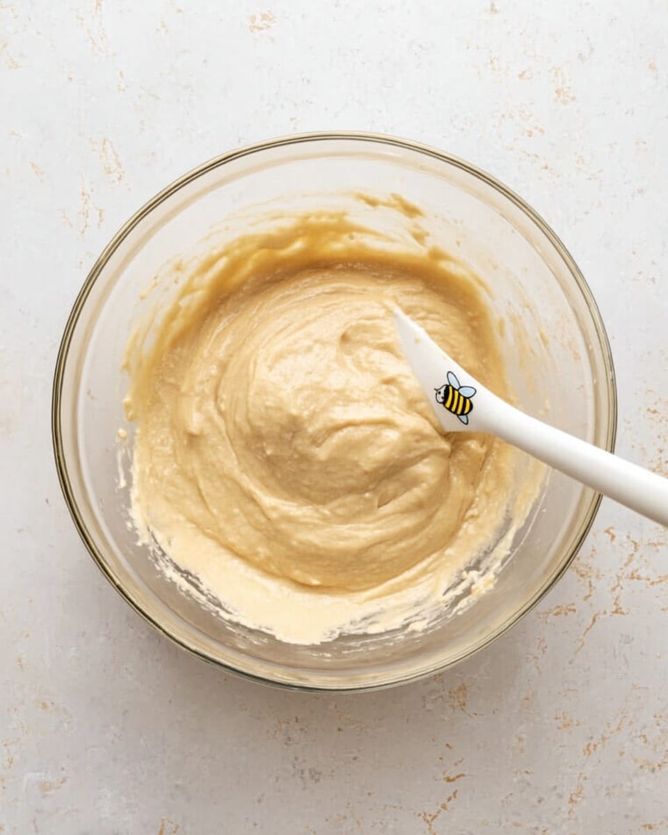 A clear glass bowl sits on a white marbled surface, filled with a smooth, pale beige batter that has a slightly thick and creamy texture. A white spatula with a cute yellow and black bee design is partially dipped in the batter, resting on the right side inside the bowl. The batter has gentle swirls and soft folds, showing it has just been mixed. Light reflections on the batter surface add softness to the image. photo taken with an iphone --ar 4:5 --v 7