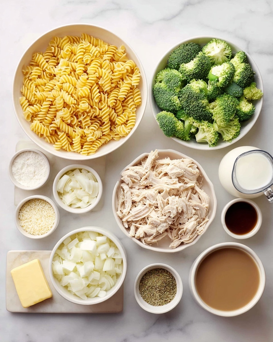 The image shows several white bowls and small dishes arranged neatly on a white marbled surface, each holding different ingredients. One large white bowl is filled with yellow spiral pasta, another white bowl contains shredded chicken with a pale beige color, and a third bowl holds bright green broccoli florets. Next to these, a medium bowl has white diced onions, and a small dish holds a solid piece of pale yellow butter. Surrounding these are small dishes with various dry ingredients: one with a pile of grated white cheese, another with minced garlic, a third containing white flour, and a small dish with dried herbs and spices. Two small bowls contain liquids, one dark brown and another light brown broth-like liquid, and there is a clear glass jug filled with white milk. All items are clearly separated and displayed with clean colors and textures, photo taken with an iphone --ar 4:5 --v 7