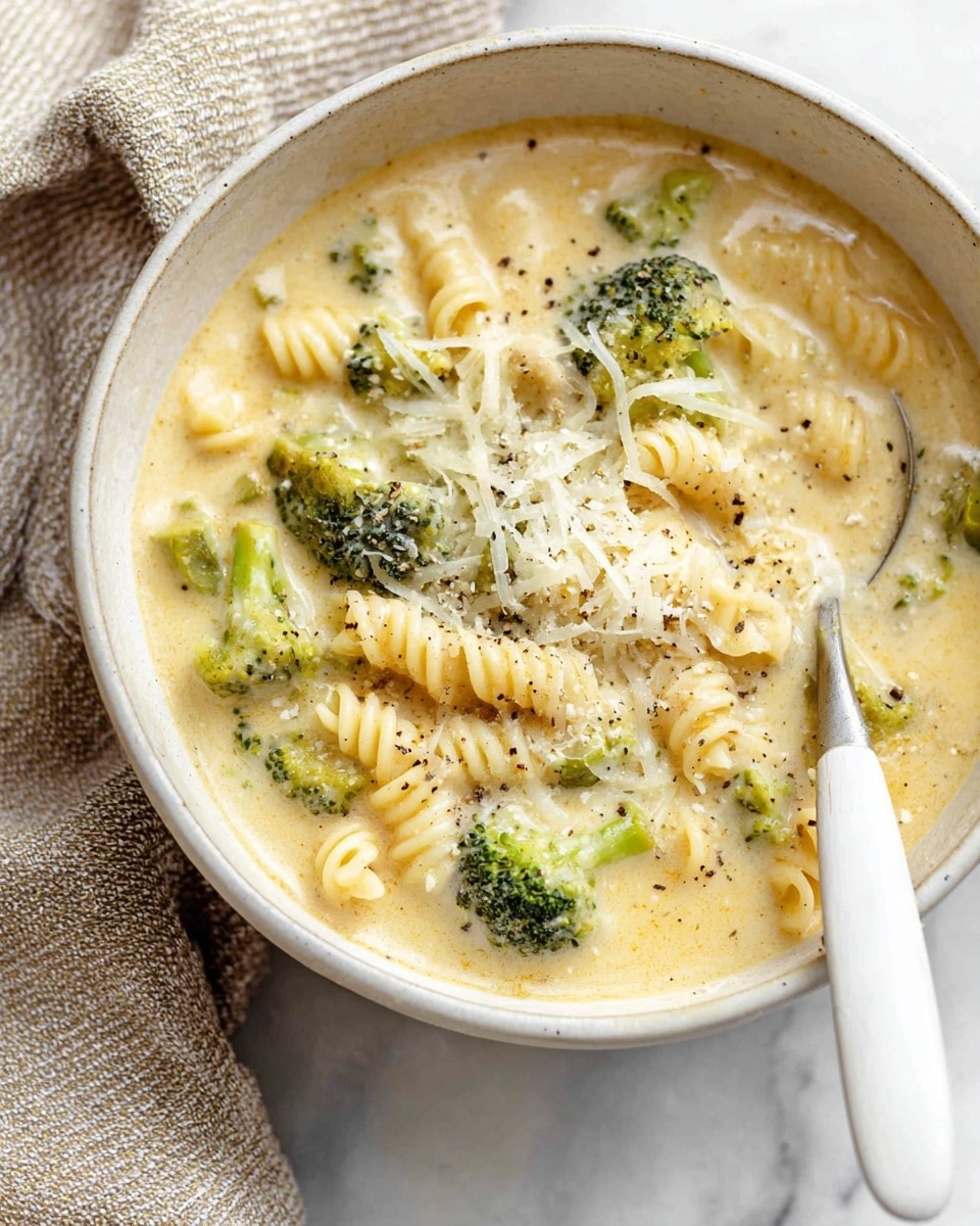 A close-up of a creamy pasta soup in a round white bowl with a thick light yellow cream base, filled with spiral pasta and small green broccoli pieces evenly mixed throughout. On top, there is a sprinkle of finely grated white cheese and tiny black pepper specks for garnish. A silver spoon with a white handle rests inside the bowl to the right side. The bowl sits on a white marbled surface with a soft textured beige and gray cloth behind it. Photo taken with an iphone --ar 4:5 --v 7