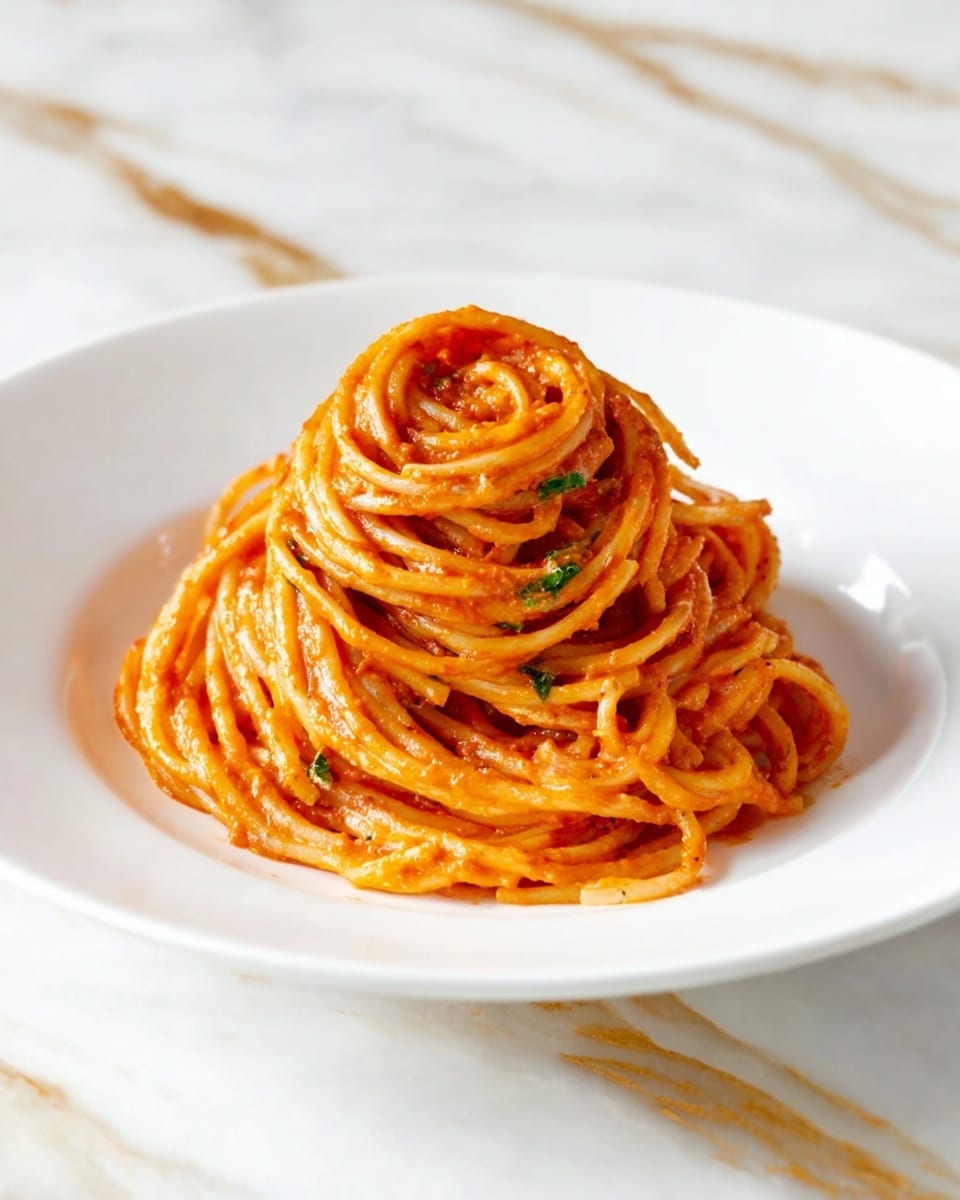 A plate of spaghetti pasta is presented in a neat swirl on a white plate. The pasta is coated with a creamy orange-red sauce that looks rich and smooth, with small bits of green herbs scattered throughout, giving a fresh touch. The spaghetti strands are thick and glossy, layered closely and piled high in the center. The plate sits on a white marbled surface with subtle gold streaks. photo taken with an iphone --ar 4:5 --v 7
