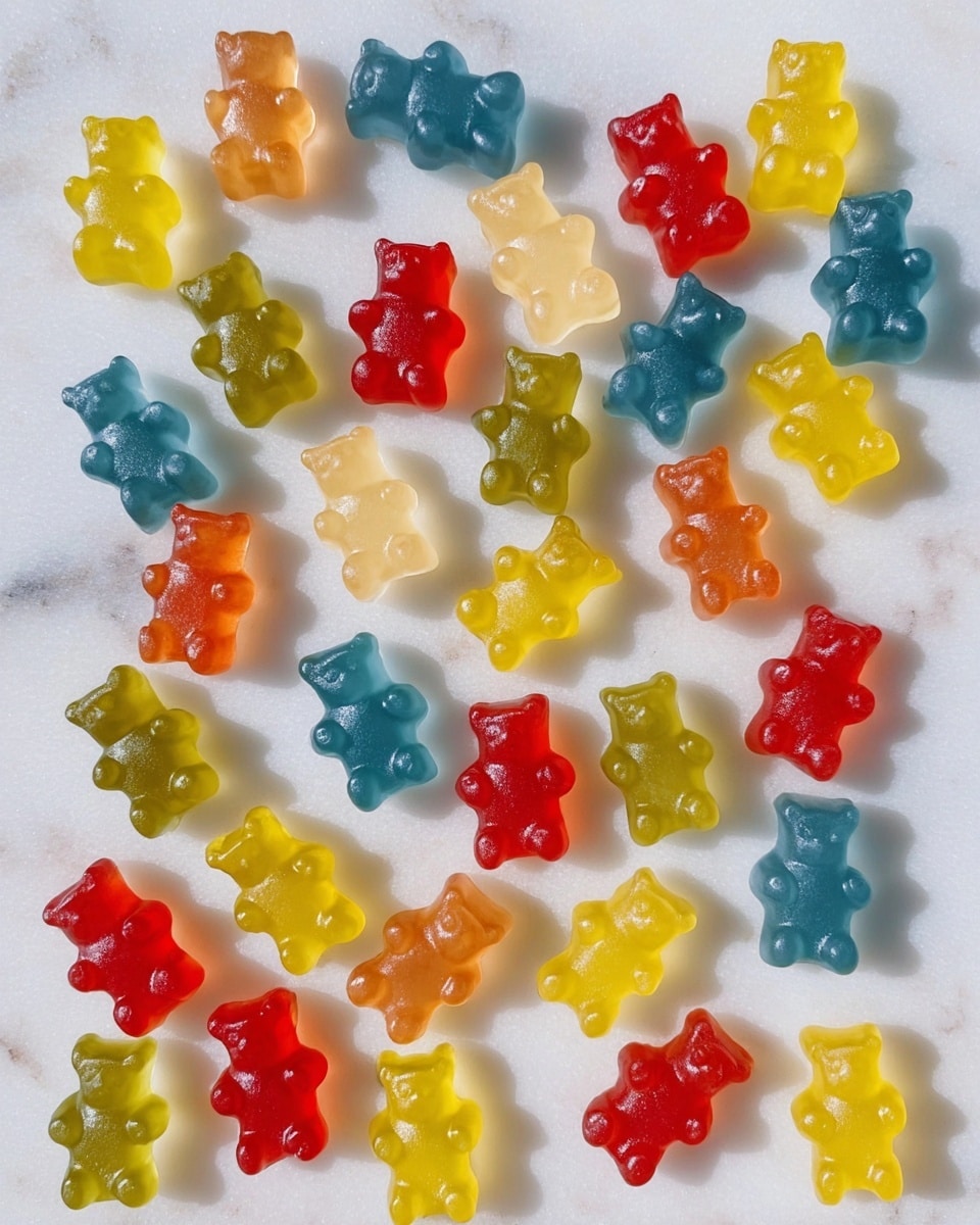 Many small gummy bears are spread out on a white marbled surface. The gummy bears come in five colors: red, yellow, blue, green, and light peach. They have a shiny, smooth texture and are closely placed but not stacked. The gummy bears stand upright, showing their small legs, arms, and round ears clearly. photo taken with an iphone --ar 4:5 --v 7