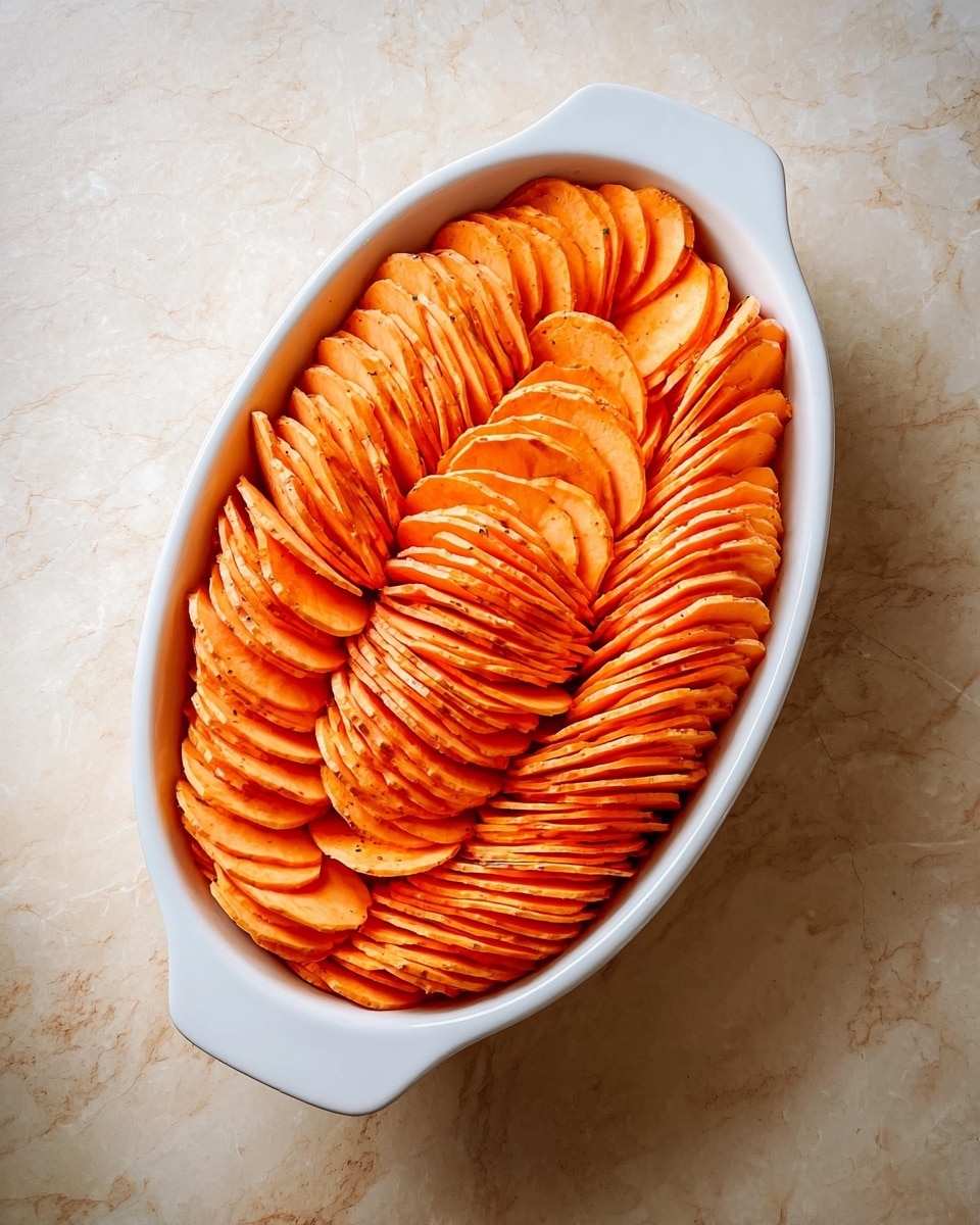 The image shows an oval-shaped white ceramic dish filled with thinly sliced sweet potatoes arranged in a layered pattern. The slices are stacked vertically, tightly placed side by side, forming a spiral-like shape that moves inward towards the center. The sweet potato slices have a bright orange color with a smooth texture. The dish sits on a white marbled surface with soft natural lighting highlighting the vibrant tones of the sweet potatoes. Photo taken with an iphone --ar 4:5 --v 7