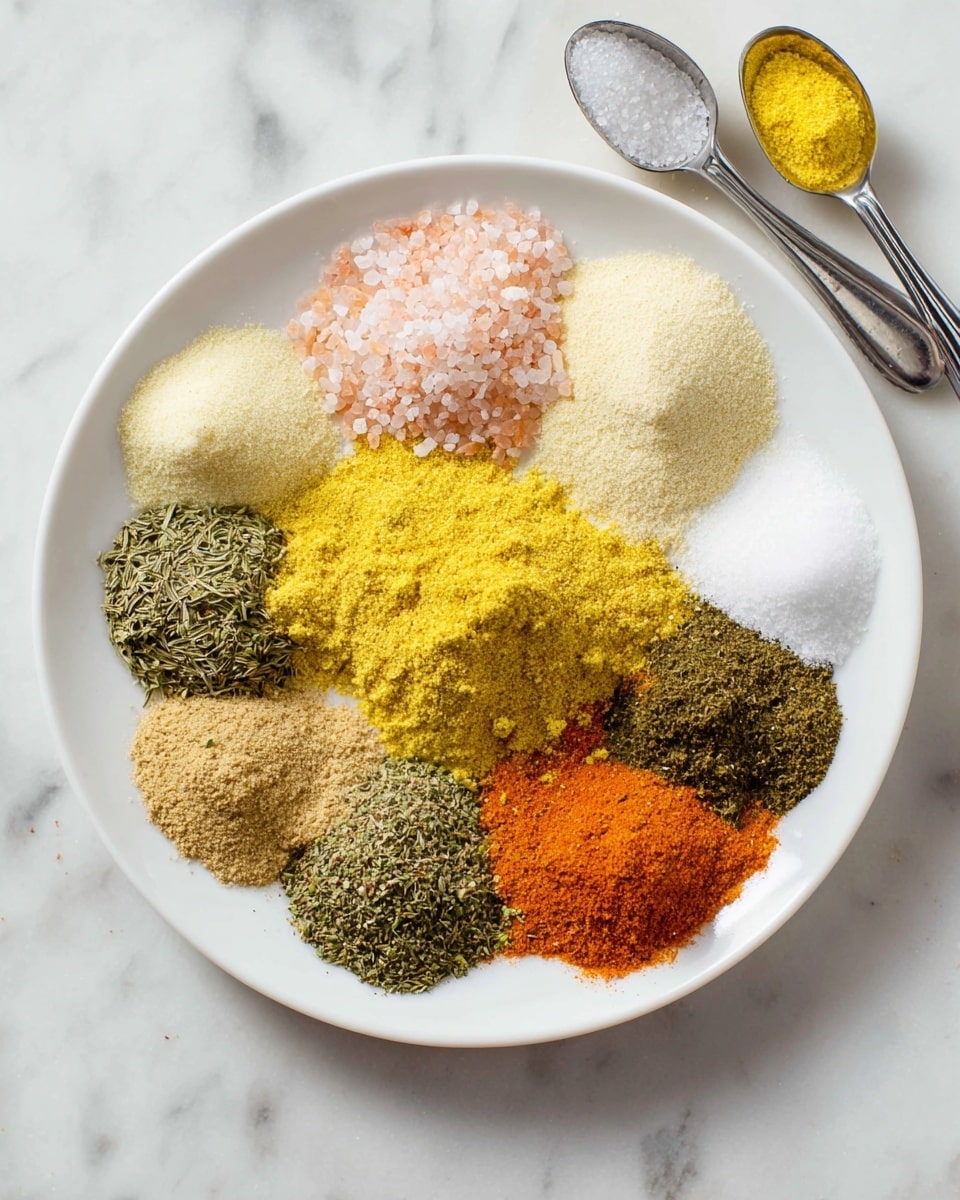 A white round plate holds many small piles of spices in different colors and textures. Starting from the top, there is a mound of light pink salt, next to a pale yellow powder and a soft cream-colored powder. Near the center is a larger pile of bright yellow powder. Around it are smaller piles of green dried herbs, a pile of white salt, dark green seasoning, light brown powder, and bright orange powder. The spices are all dry and finely ground or slightly coarse. The plate sits on a white marbled surface with two measuring spoons shown at the top right, one silver and one yellow on white marbled surface. photo taken with an iphone --ar 4:5 --v 7
