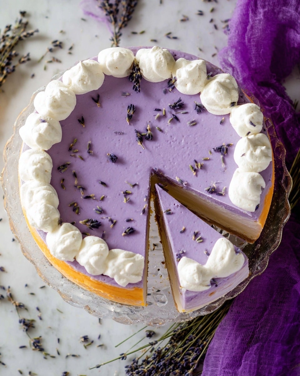 A round cake with two visible layers sits on a white marbled surface. The bottom layer is light orange, while the top layer is covered with thick, smooth purple icing. On the edge of the cake is a ring of white whipped cream dollops, evenly spaced, with small dark purple lavender petals sprinkled over both the purple icing and whipped cream. One slice is missing, showing the orange layer inside. The cake is on a clear, scalloped glass stand with a purple cloth and dried lavender stems around it. Photo taken with an iphone --ar 4:5 --v 7