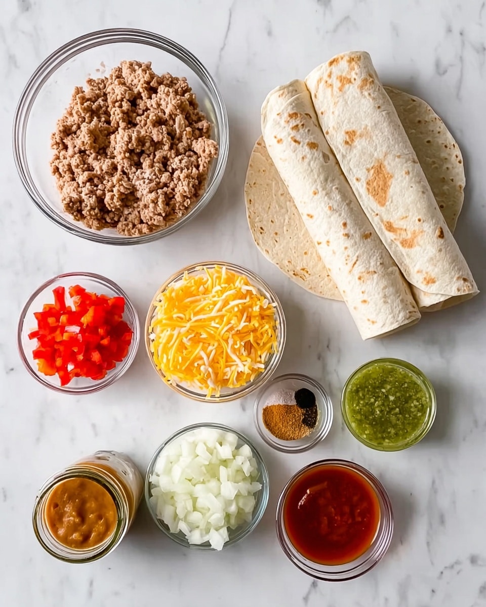 The image shows ingredients neatly arranged on a white marbled surface. There are two rolled flour tortillas in the center, slightly overlapping, with a glass bowl of cooked ground meat above them. Surrounding these are small clear glass bowls holding shredded yellow cheese, diced white onions, a mix of diced red peppers and green chilies, a blend of spices with salt in separate sections, a jar of green sauce, and a small bowl of red sauce. The colors include the light brown of the meat, bright yellow cheese, vibrant red and green peppers, and the clear jars with sauces, all displayed clearly. Photo taken with an iphone --ar 4:5 --v 7