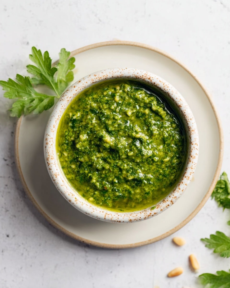 A small white bowl with brown speckles holds a thick, textured green sauce with small bits visible throughout. The bowl sits on a plain white plate, both placed on a white marbled surface. Around the bowl, a few scattered pine nuts and green parsley leaves add subtle decoration. The lighting is soft and natural, showing the vibrant freshness of the green sauce photo taken with an iphone --ar 4:5 --v 7