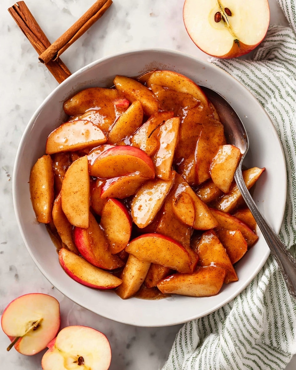 A white bowl filled with about two layers of cooked apple slices, each slice covered in a shiny golden-brown cinnamon glaze that makes the apples look soft and slightly sticky. The apple slices show a mix of red skin edges and light warm-colored inside flesh. A large silver serving spoon rests in the right side of the bowl, partially inside the apples. Surrounding the bowl on a white marbled surface are some halved fresh apples showing their pale insides and brown seeds, two cinnamon sticks crossed near the bottom left, and part of a white and green striped cloth napkin on the right side. photo taken with an iphone --ar 4:5 --v 7