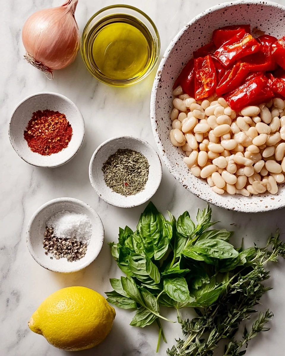 The image shows white beans in a white bowl with a speckled pattern, placed in the top right area. To the top left is a clear glass cup filled with golden olive oil. Below the cup is a shallot with a pinkish outer layer, next to a whole garlic bulb. On the left side near the bottom is a lemon, bright yellow and smooth. Below the lemon are two small white bowls: one holds crushed red pepper flakes and the other has coarse salt and black pepper. Near the center are fresh green herbs including oregano, basil, and parsley, all vibrant and leafy. At the bottom left is a white bowl with peeled roasted red peppers, showing their shiny, soft texture. Everything is laid out on a white marbled surface. Photo taken with an iphone --ar 4:5 --v 7