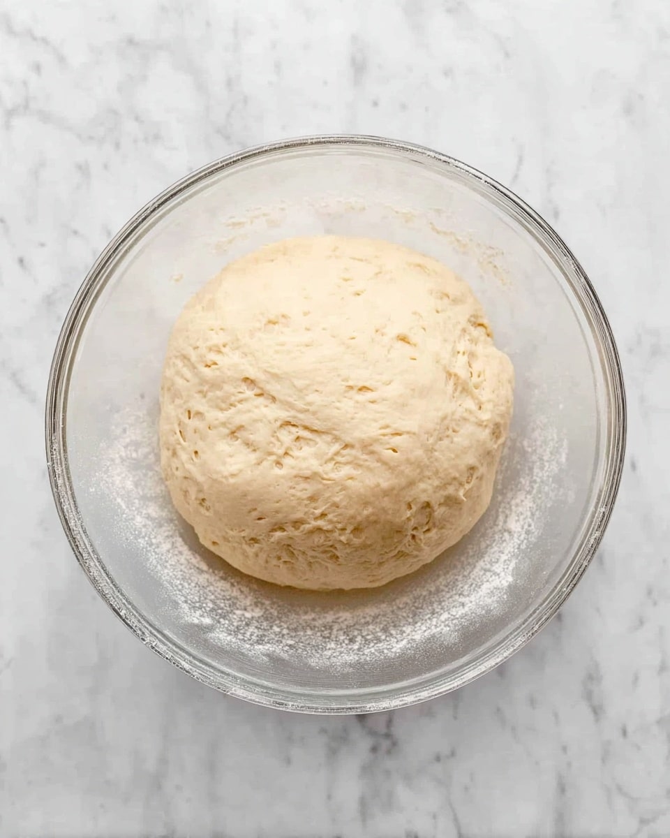 A clear glass bowl holds one smooth, light beige dough ball with a soft texture, resting in the middle. The bowl is placed on a surface with a white marbled texture, which adds contrast to the dough and bowl. The dough looks fluffy and slightly bumpy, showing small air bubbles across its surface, suggesting it has risen. The inside of the bowl has a light dusting of flour. photo taken with an iphone --ar 4:5 --v 7