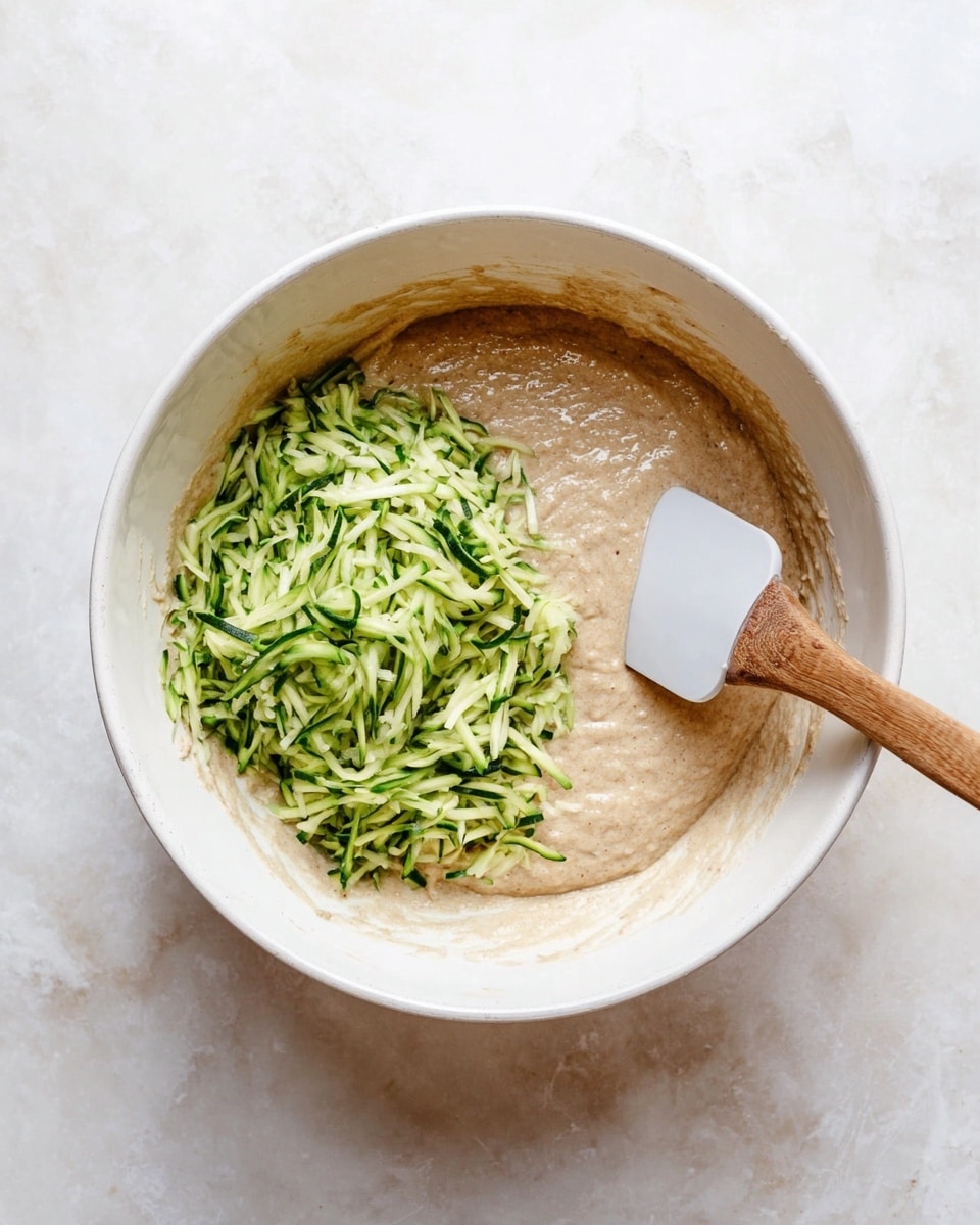 A white bowl contains a light brown batter with a soft, smooth texture covering about two thirds of the bowl. On top of the batter, on one side, there is a pile of shredded green zucchini with fine, moist strands. A spatula with a wooden handle and a white silicone head rests inside the bowl, partially dipped in the batter next to the zucchini. The bowl is placed on a white marbled surface. Photo taken with an iphone --ar 4:5 --v 7