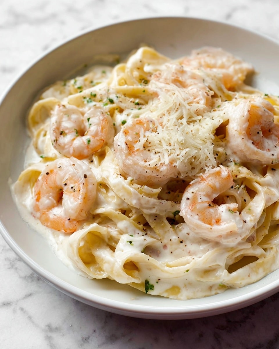 A white bowl filled with creamy pasta layers, starting with a base of flat, pale yellow fettuccine noodles. Scattered throughout the noodles are plump, light orange shrimp with a slightly pink tint. The dish is coated in a thick, smooth white sauce with a few small curls of melted cheese on top. Tiny green herb bits are sprinkled lightly over the pasta, and a sprinkle of black pepper dots the surface. The bowl sits on a white marbled surface. Photo taken with an iphone --ar 4:5 --v 7