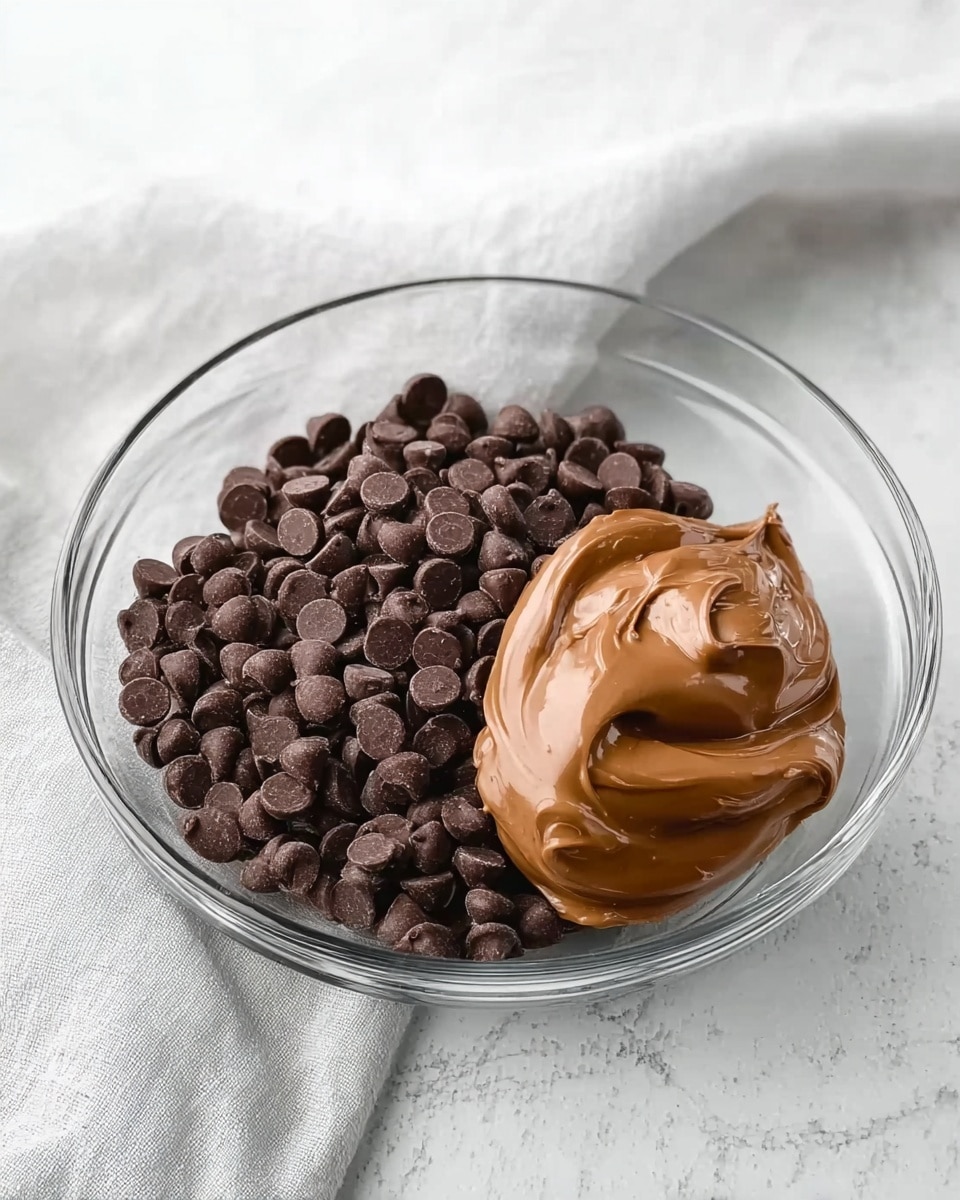 A clear glass bowl sits on a white marbled surface. Inside the bowl, there is a big pile of dark brown chocolate chips on the left side. Next to the chocolate chips, on the right side, there is a smooth dollop of shiny light brown chocolate spread. The background includes a soft white cloth draped behind the bowl. Photo taken with an iphone --ar 4:5 --v 7