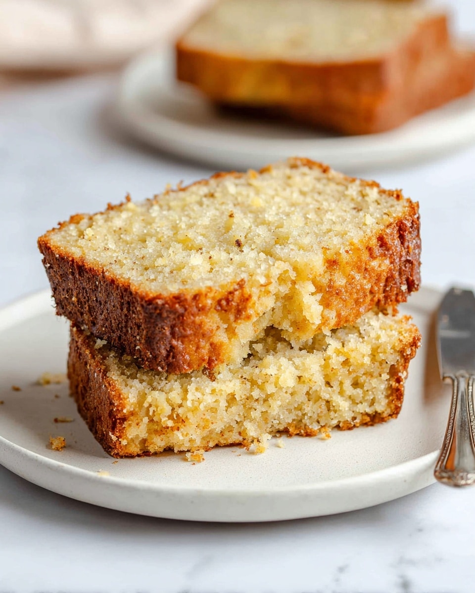 Two slices of light golden brown bread with a soft, crumbly texture are stacked on a white plate. The top slice shows a moist, slightly rough inside with small bits visible, while the edges are crisp and darker golden brown. The plate sits on a white marbled surface, and a blurred second plate with more bread is in the background. A silver knife rests beside the plate. Photo taken with an iphone --ar 4:5 --v 7