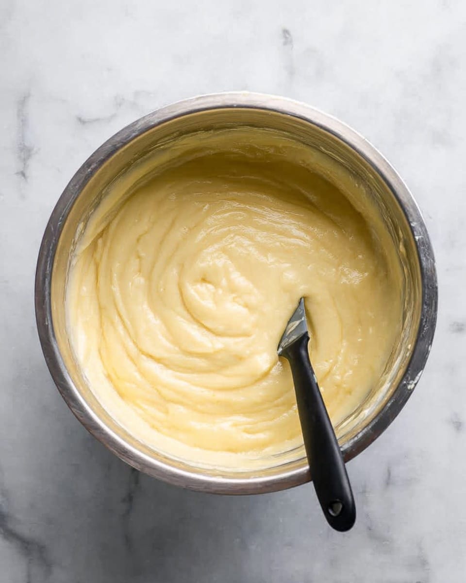 A round metal mixing bowl filled with creamy, smooth pale yellow batter that has a glossy texture. A black spatula with a flat edge is partly dipped into the batter, resting slightly on the surface in the middle right part of the bowl. The bowl is placed on a white marbled surface with soft gray veining. The batter's surface shows gentle swirls and folds, indicating it was recently stirred. photo taken with an iphone --ar 4:5 --v 7