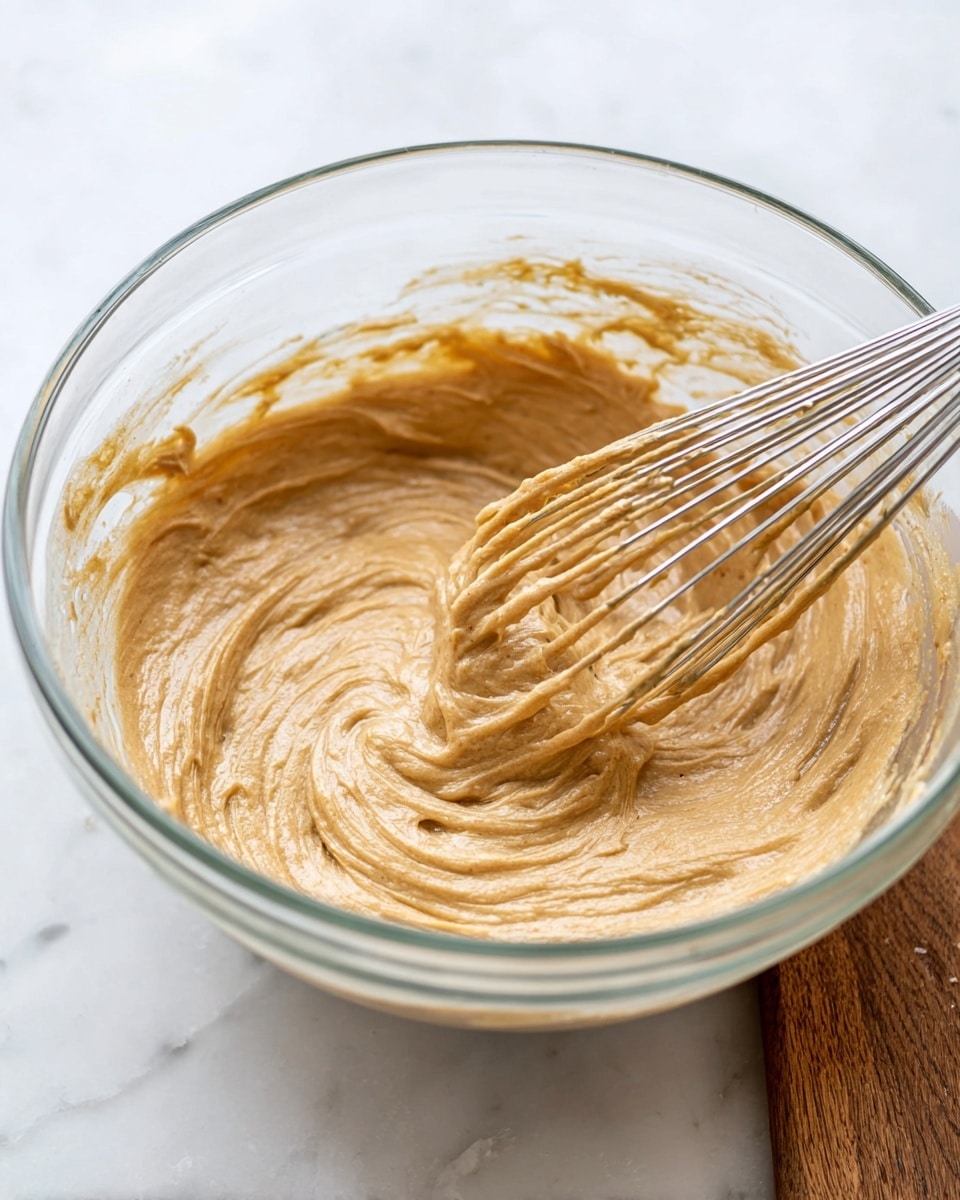 A clear glass bowl sits on a white marbled surface with a wooden board partially visible underneath. Inside the bowl is a thick, creamy light brown batter with a smooth and slightly textured swirl pattern. A metallic whisk is partially immersed in the batter, showing ridges of the mixture clinging to its wires. The scene is bright and clean, focusing closely on the batter’s texture and the mixing process. photo taken with an iphone --ar 4:5 --v 7