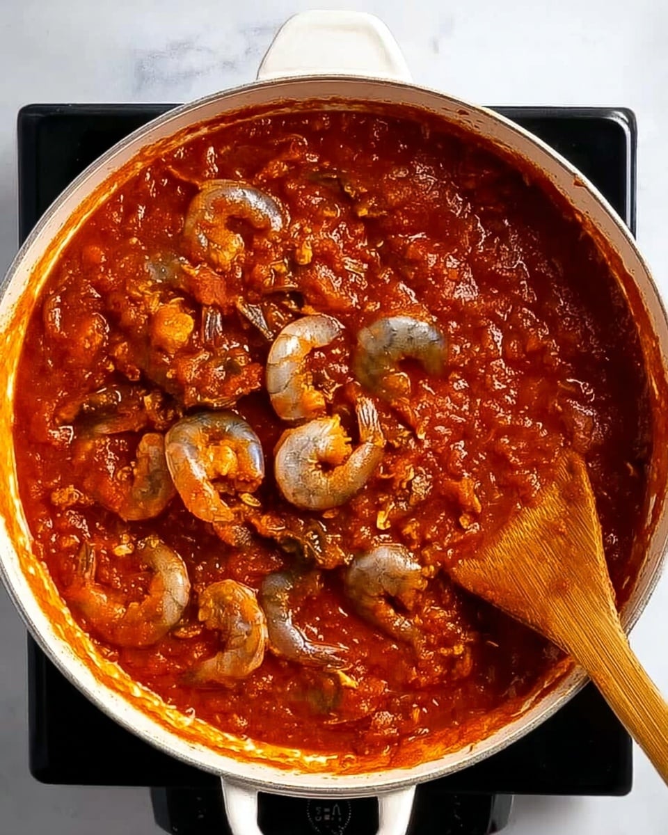 A close-up top view of a white pot filled with a bright red tomato sauce mixed with chunks of meat and whole raw shrimp placed on top, showing different shades of light gray shrimp shells contrasting with the thick, rich sauce. A wooden spoon stirs the sauce from the bottom right side inside the pot, all set on a black electric stove which rests on a white marbled surface. Photo taken with an iphone --ar 4:5 --v 7