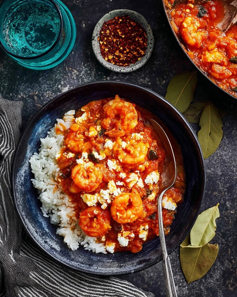 A deep bowl filled with three layers starting at the bottom with white, fluffy rice. On top, a thick layer of rich red-orange tomato sauce mixed with cooked shrimp and small white crumbles of cheese, giving a bumpy texture. The shrimp are plump, curled, and coated well in the sauce. A silver spoon lies inside the bowl, partially covered by the dish. The bowl is black with blue tones and rests on a dark textured surface. Nearby, there are some green bay leaves scattered, a teal glass of water, and a small round container of red chili flakes. A gray striped cloth is also visible on the left side of the image. Photo taken with an iphone --ar 4:5 --v 7