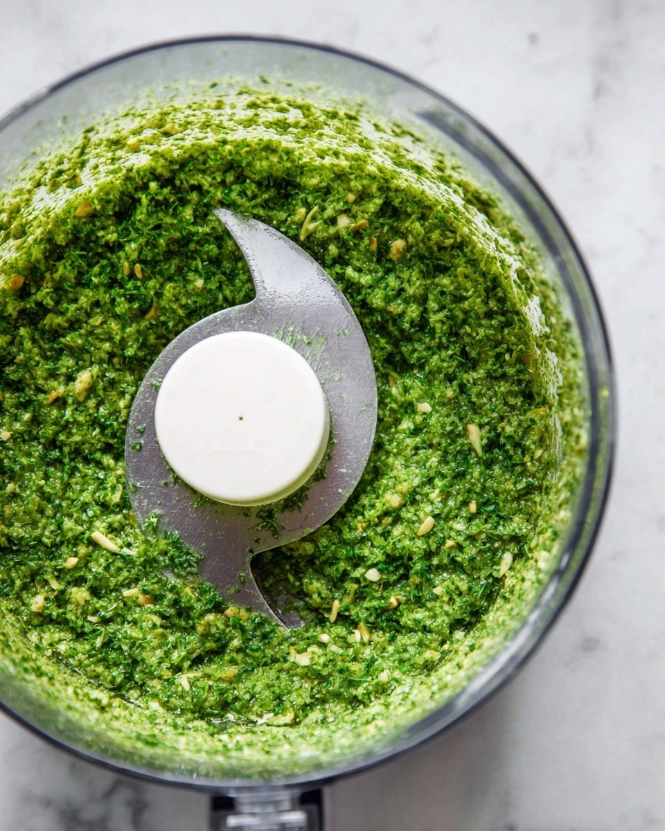 A clear glass food processor bowl filled with a bright green mixture that is finely textured with small bits of herbs and nuts, surrounding a central white blade. The green mixture has a moist but coarse look with uneven layers of chopped ingredients. The scene is set against a white marbled surface, and the focus is on the fresh green blend inside the food processor. photo taken with an iphone --ar 4:5 --v 7