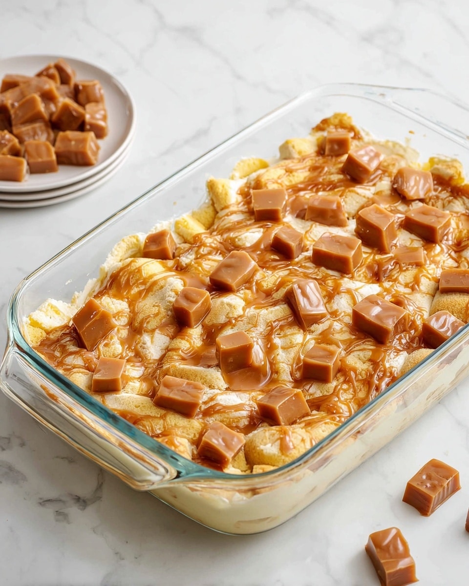 A clear glass rectangular baking dish shows a layered dessert placed on a white marbled surface. The bottom layer consists of soft, light yellow cookie or cake pieces, slightly soaked and overlapping. On top, small square caramel pieces are evenly scattered, adding glossy caramel brown spots that catch the light. The textures blend from the soft base to the smooth, sticky caramel cubes, creating a rich, inviting look. In the corner, part of a white round plate with extra caramel pieces is visible. Photo taken with an iphone --ar 4:5 --v 7